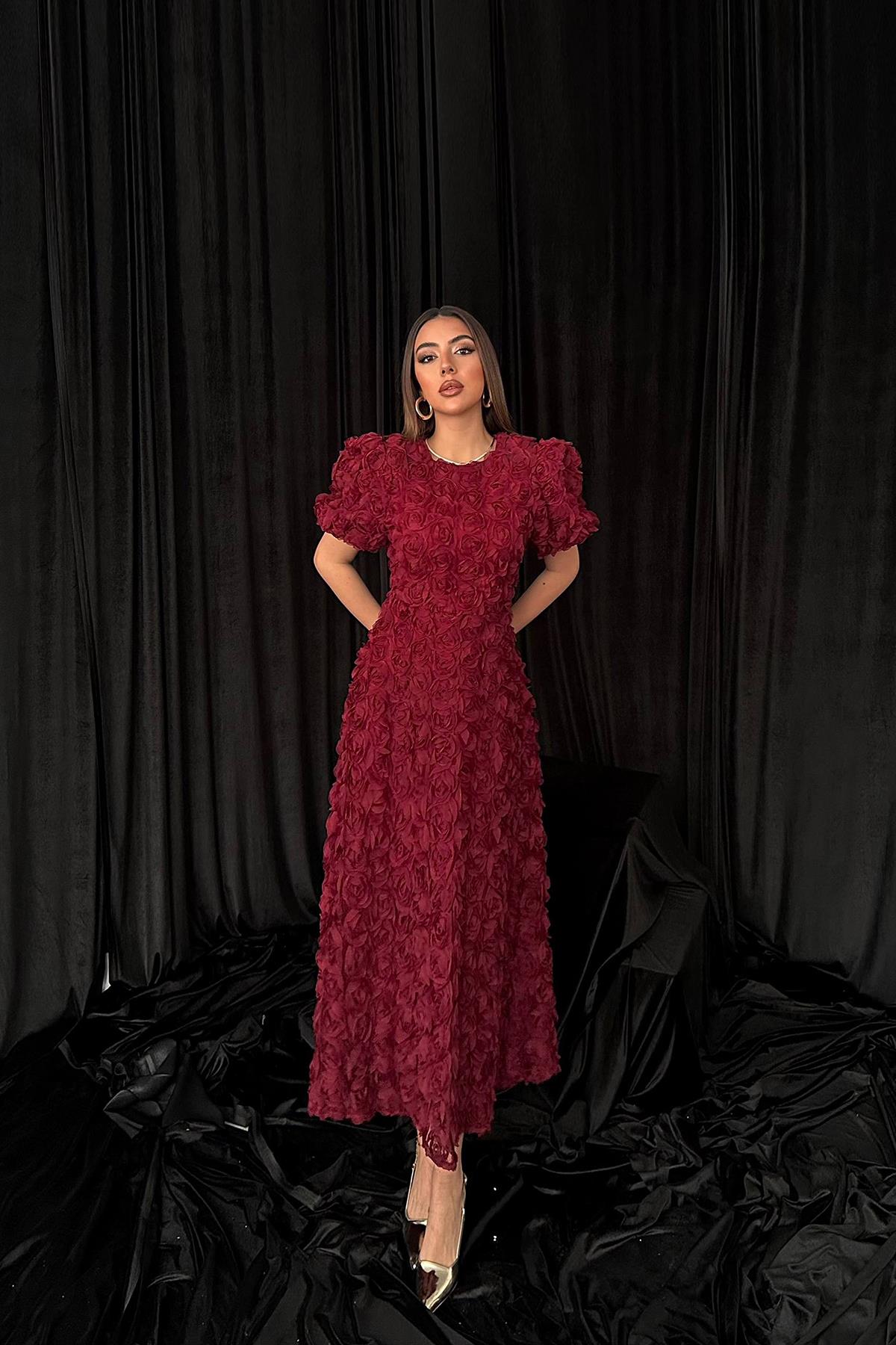 Toptan Bordo Güllü Elbise Bordo L