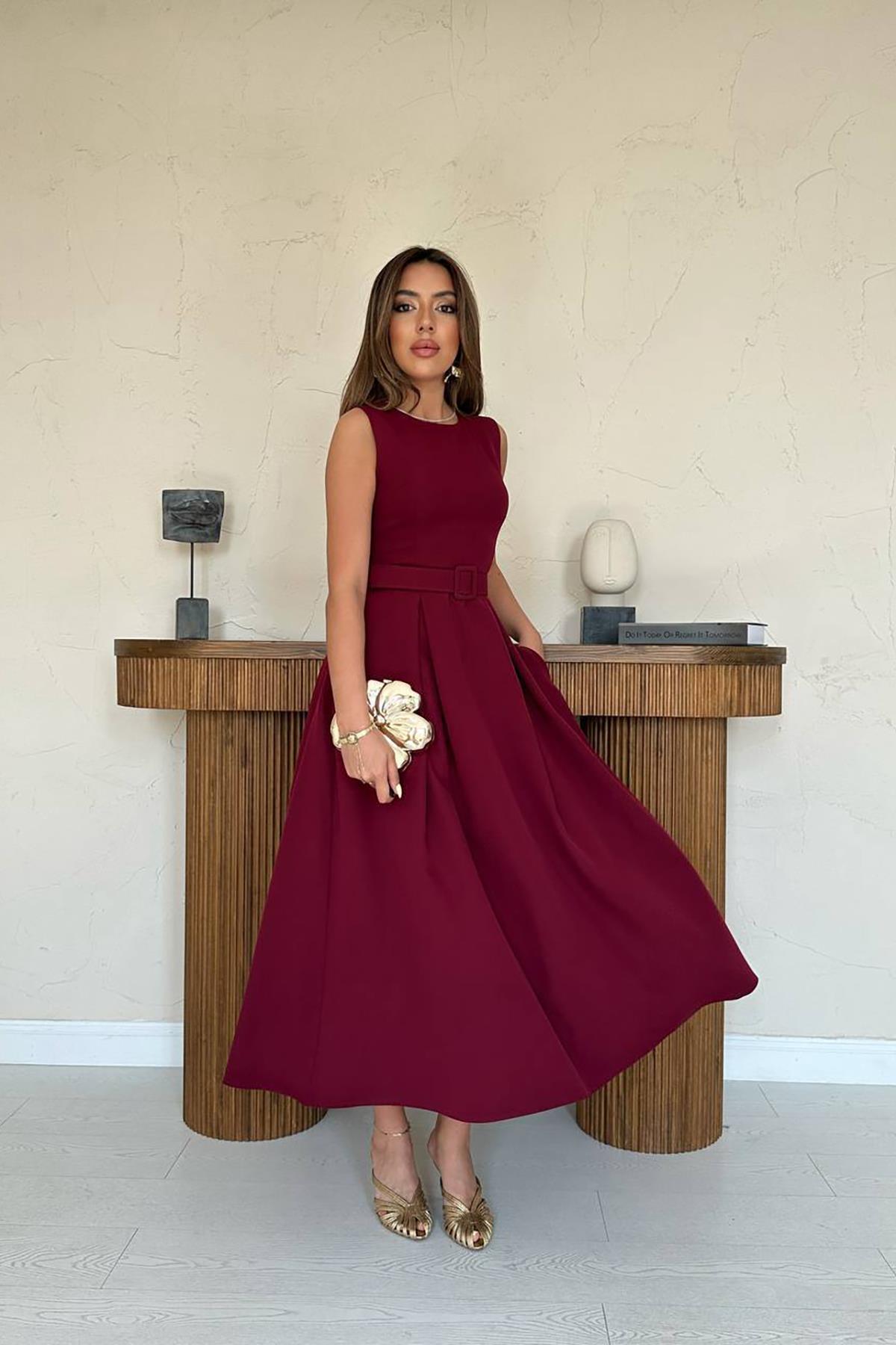 Toptan Bordo Halter Yaka Kloş Elbise Bordo L