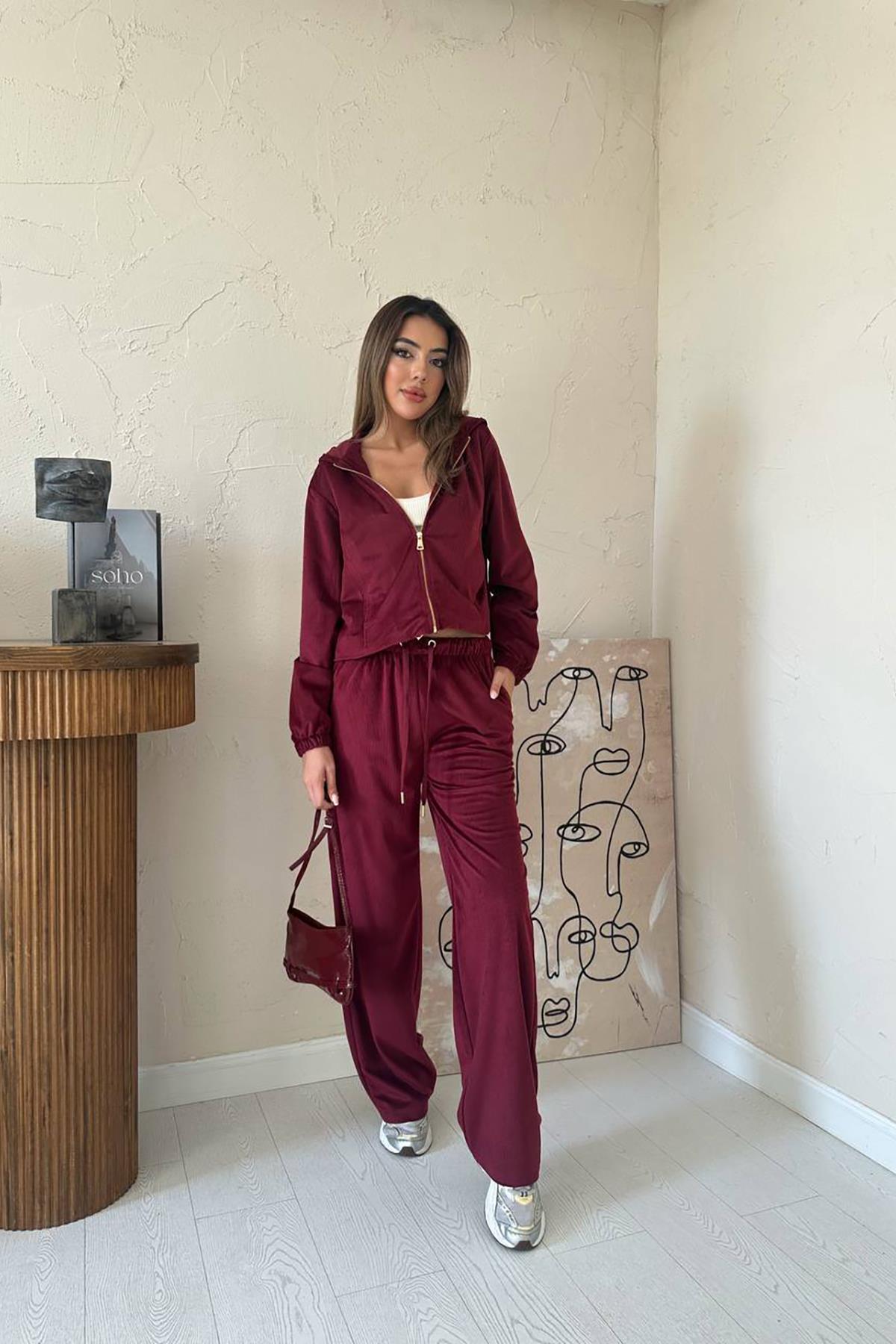 Toptan Bordo İnce Kadife Takım Bordo L