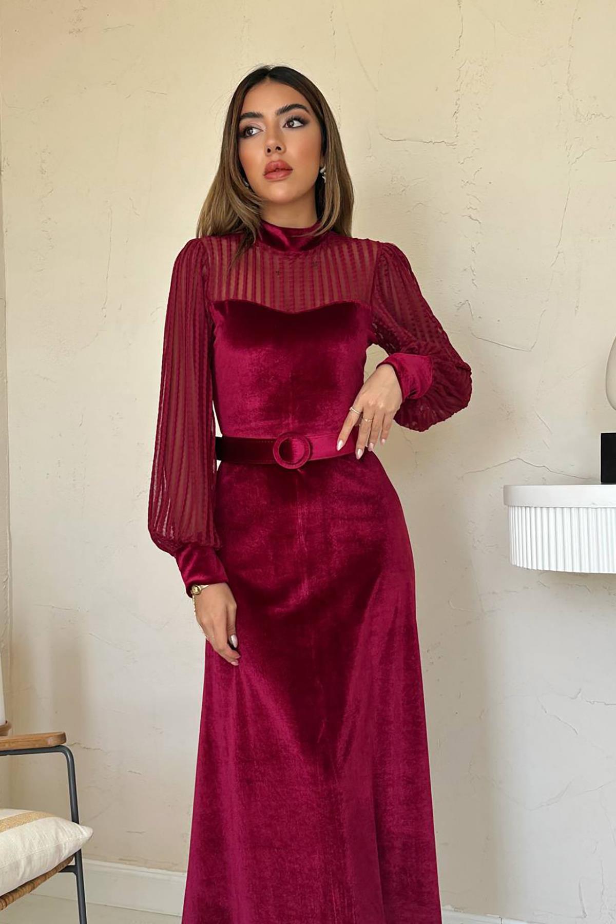 Toptan Bordo Kadife Dantel Detaylı Elbise
