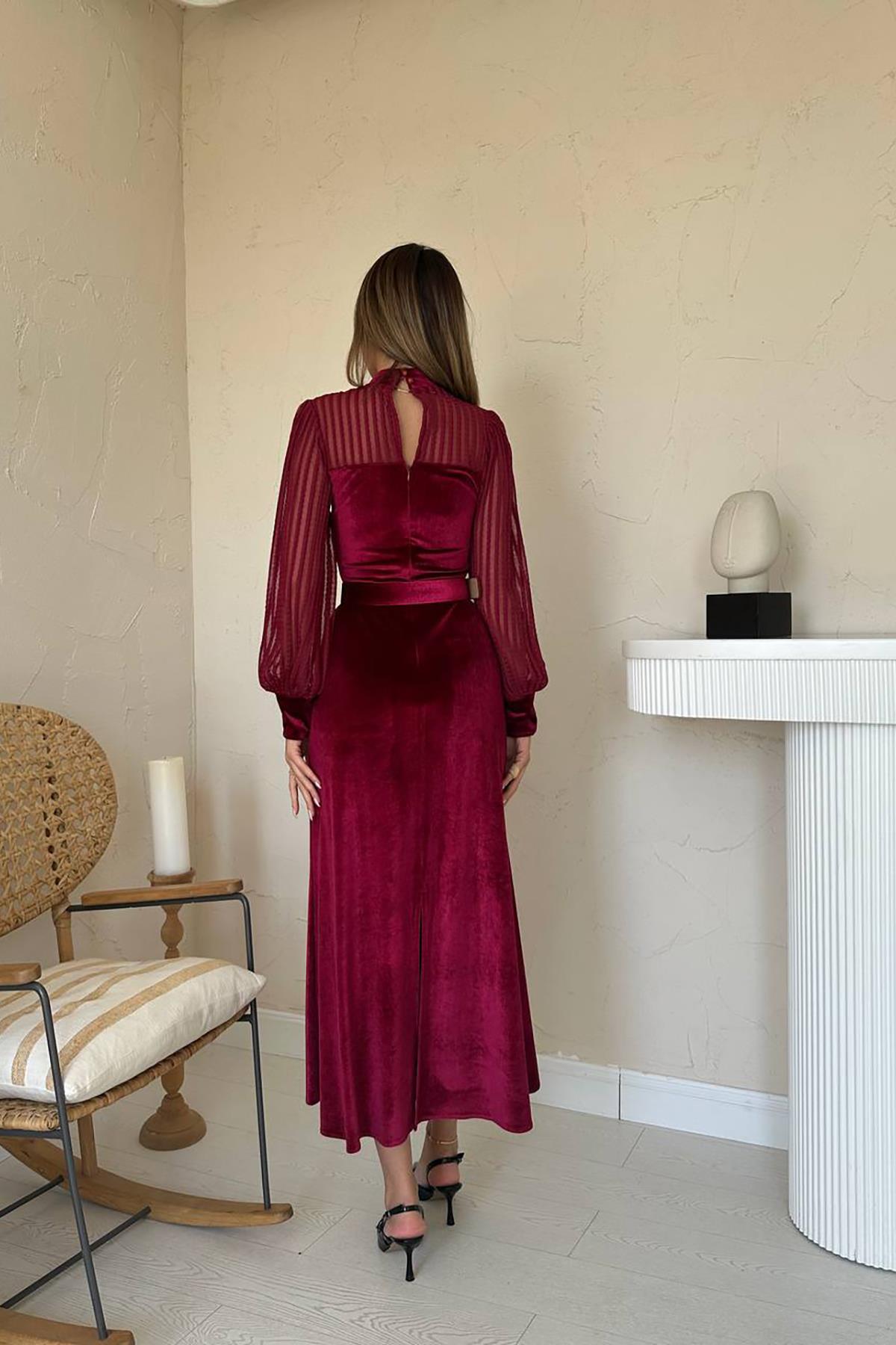 Toptan Bordo Kadife Dantel Detaylı Elbise