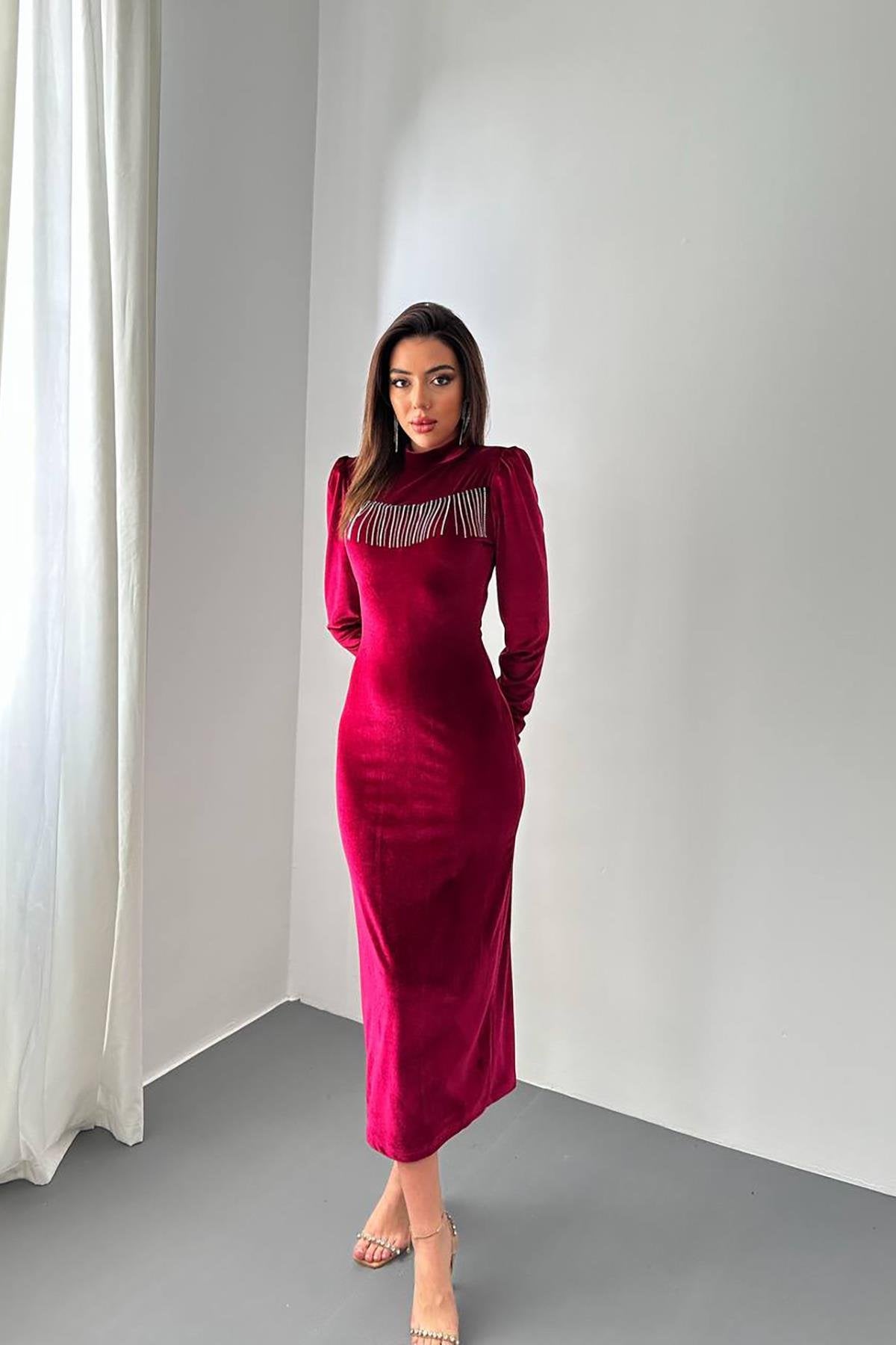 Toptan Bordo Kadife Işıltılı Elbise