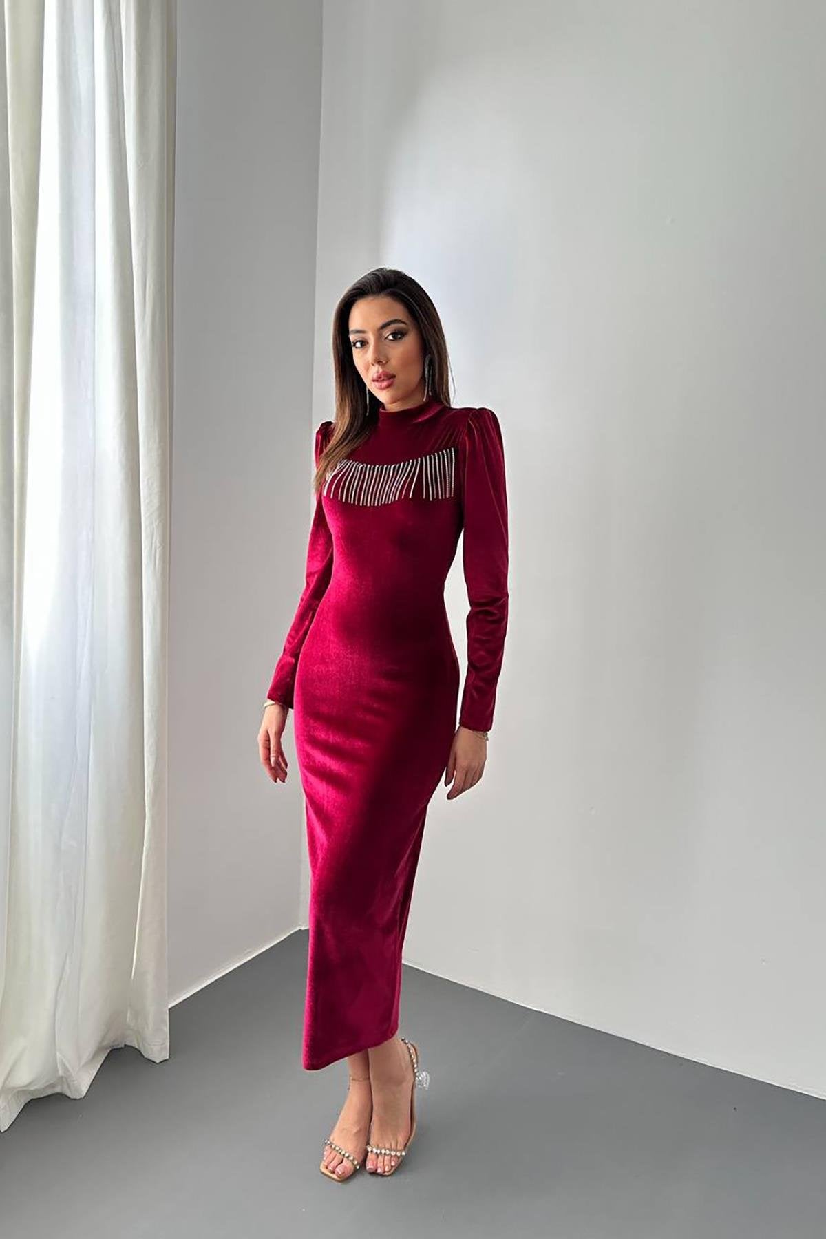 Toptan Bordo Kadife Işıltılı Elbise Bordo L