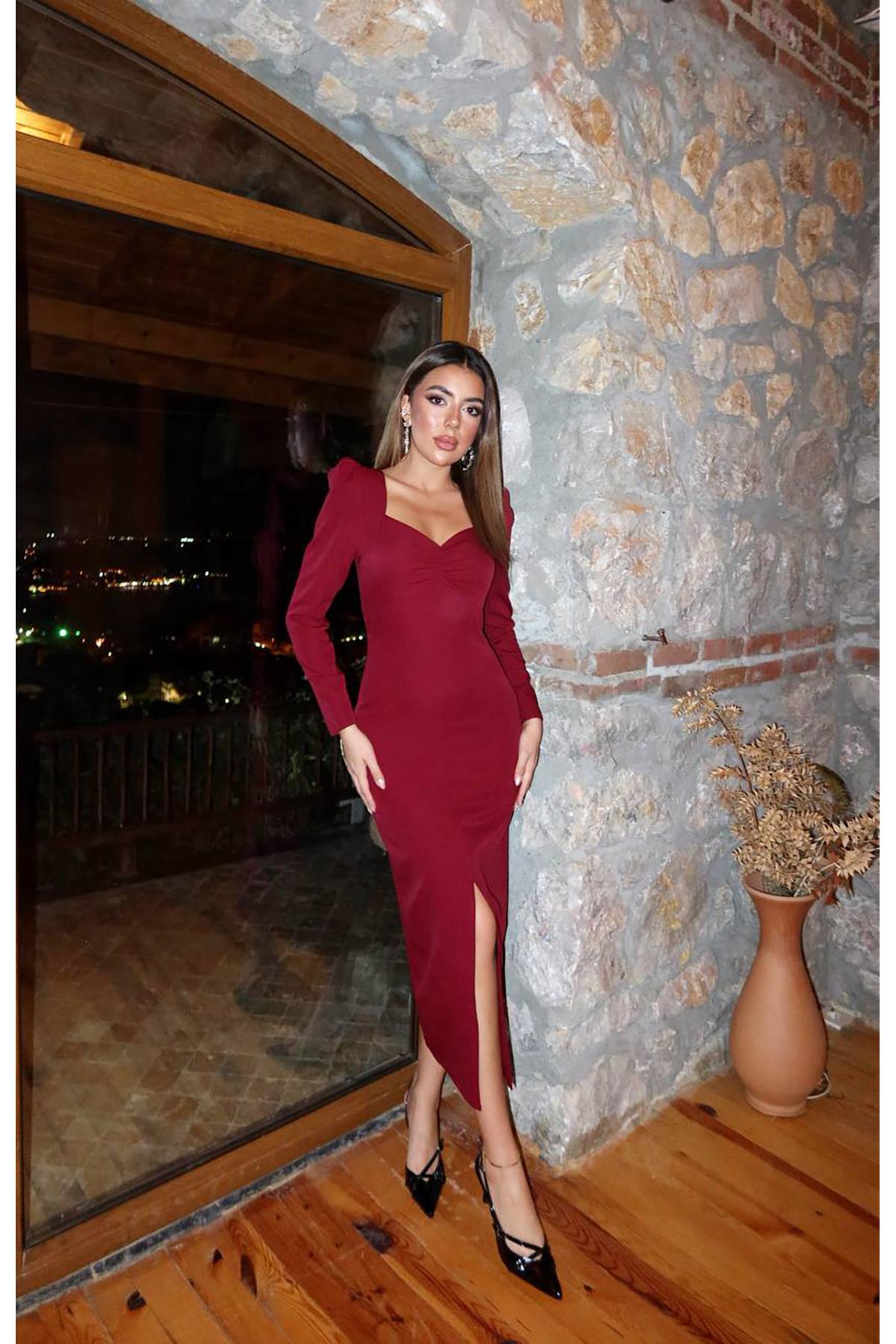Toptan Bordo Karpuz Kollu Atlas Elbise