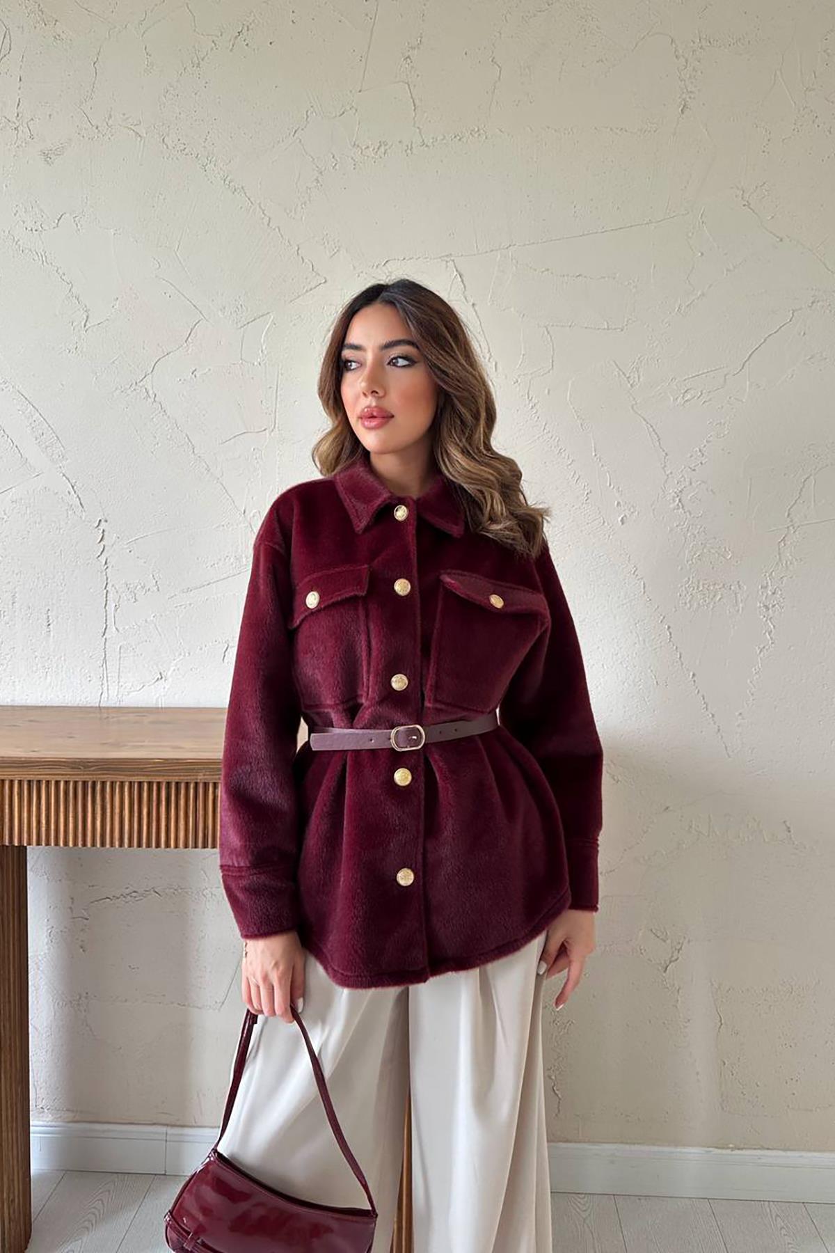 Toptan Bordo Kaşe Gold Düğmeli Gömlek Bordo L