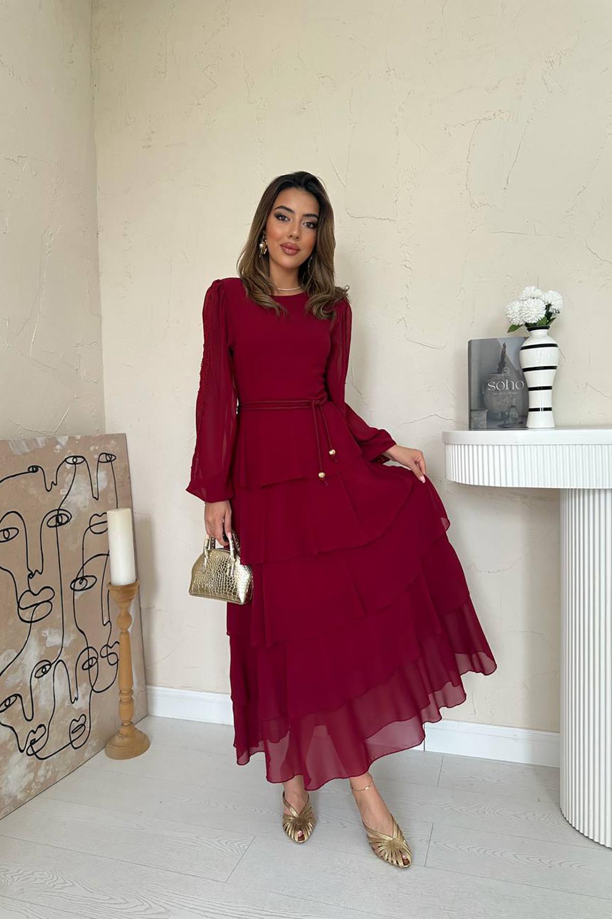 Toptan Bordo Kat Kat Şifon Elbise