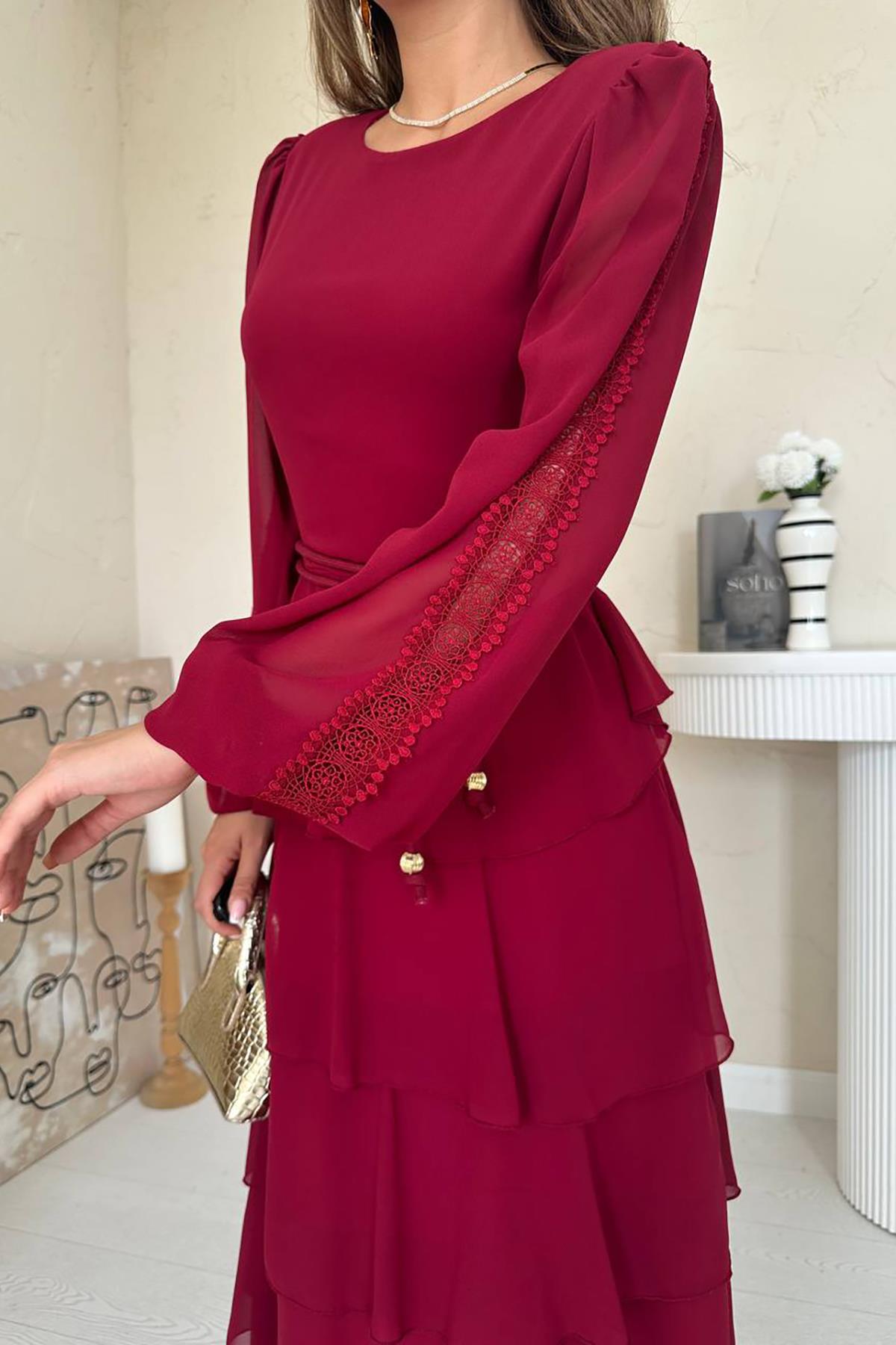 Toptan Bordo Kat Kat Şifon Elbise
