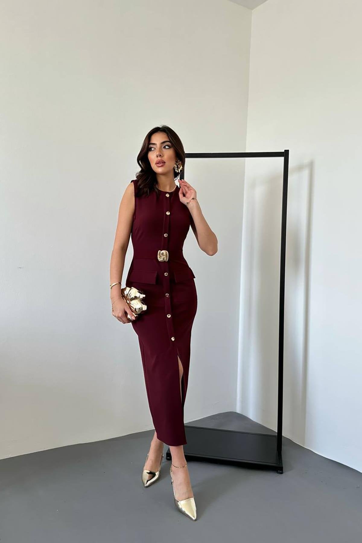 Toptan Bordo Önden Lastik Tokalı Elbise Bordo L