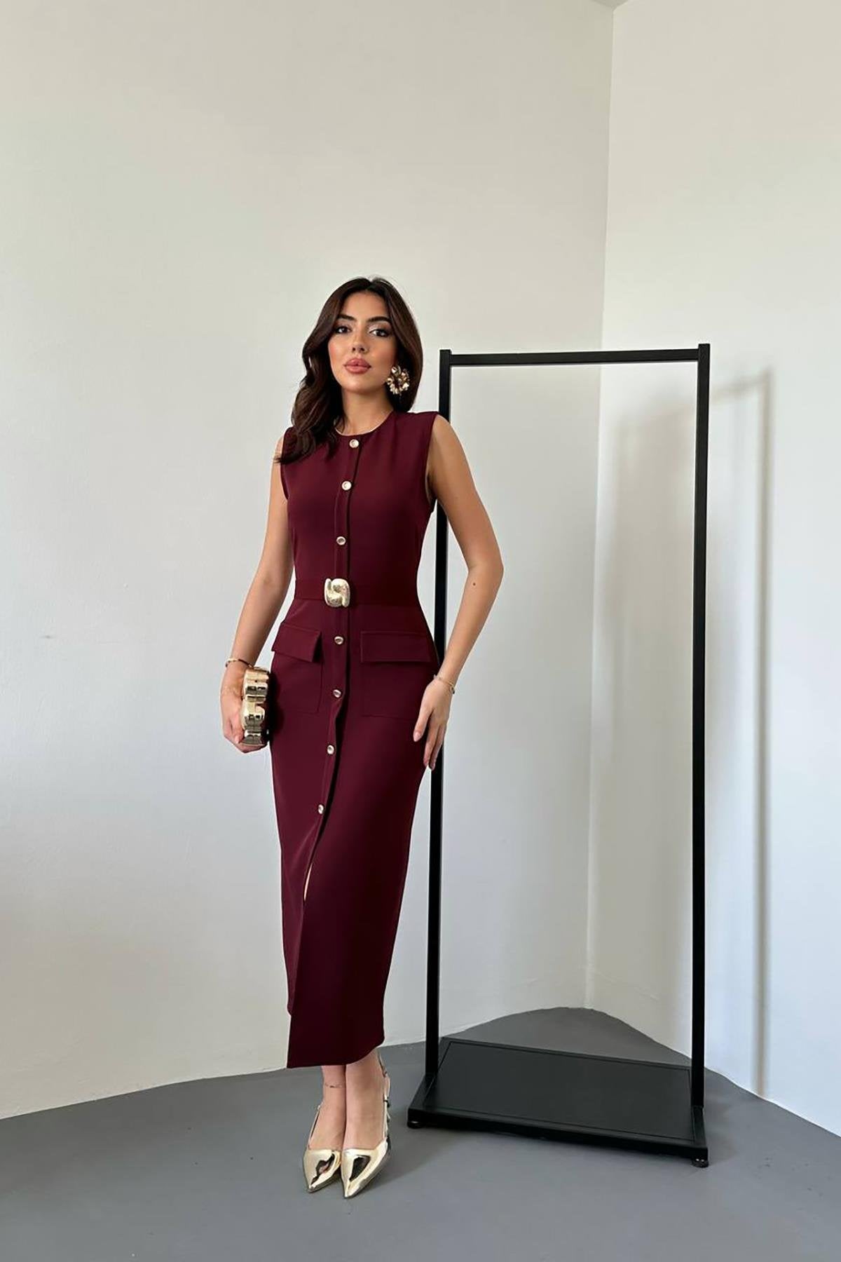 Toptan Bordo Önden Lastik Tokalı Elbise