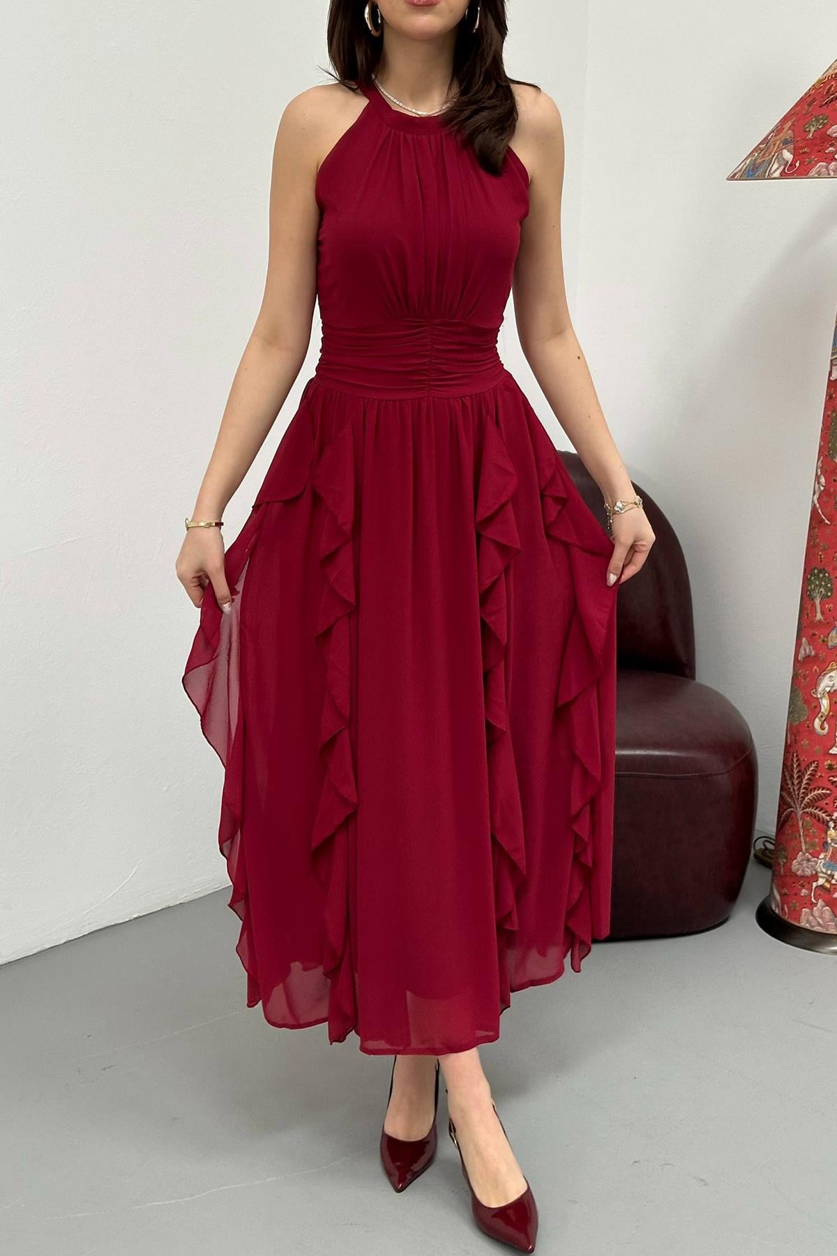 Bordo Önü Büzgülü Fırfırlı Elbise