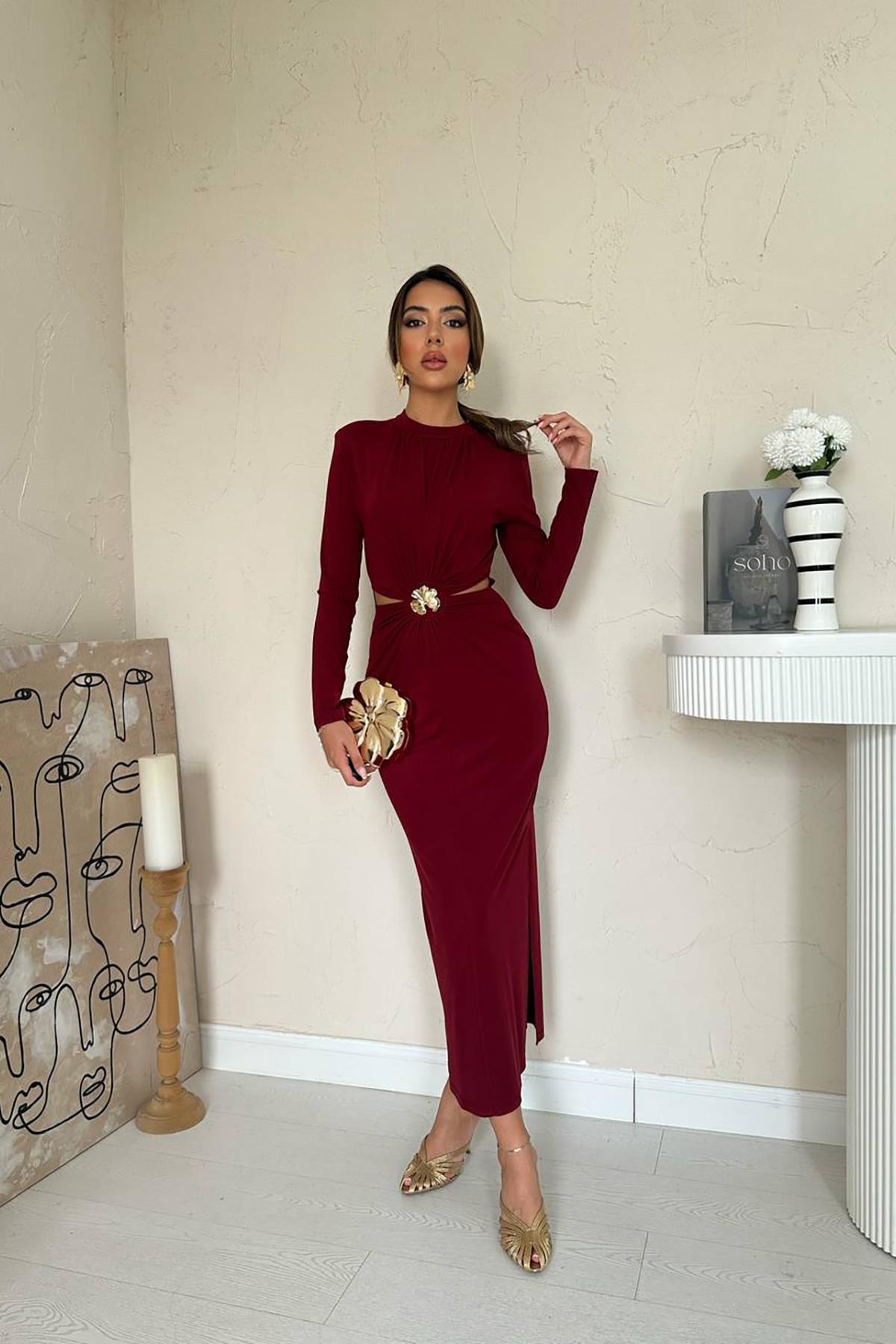 Toptan Bordo Pencere Detaylı Büzgülü Elbise
