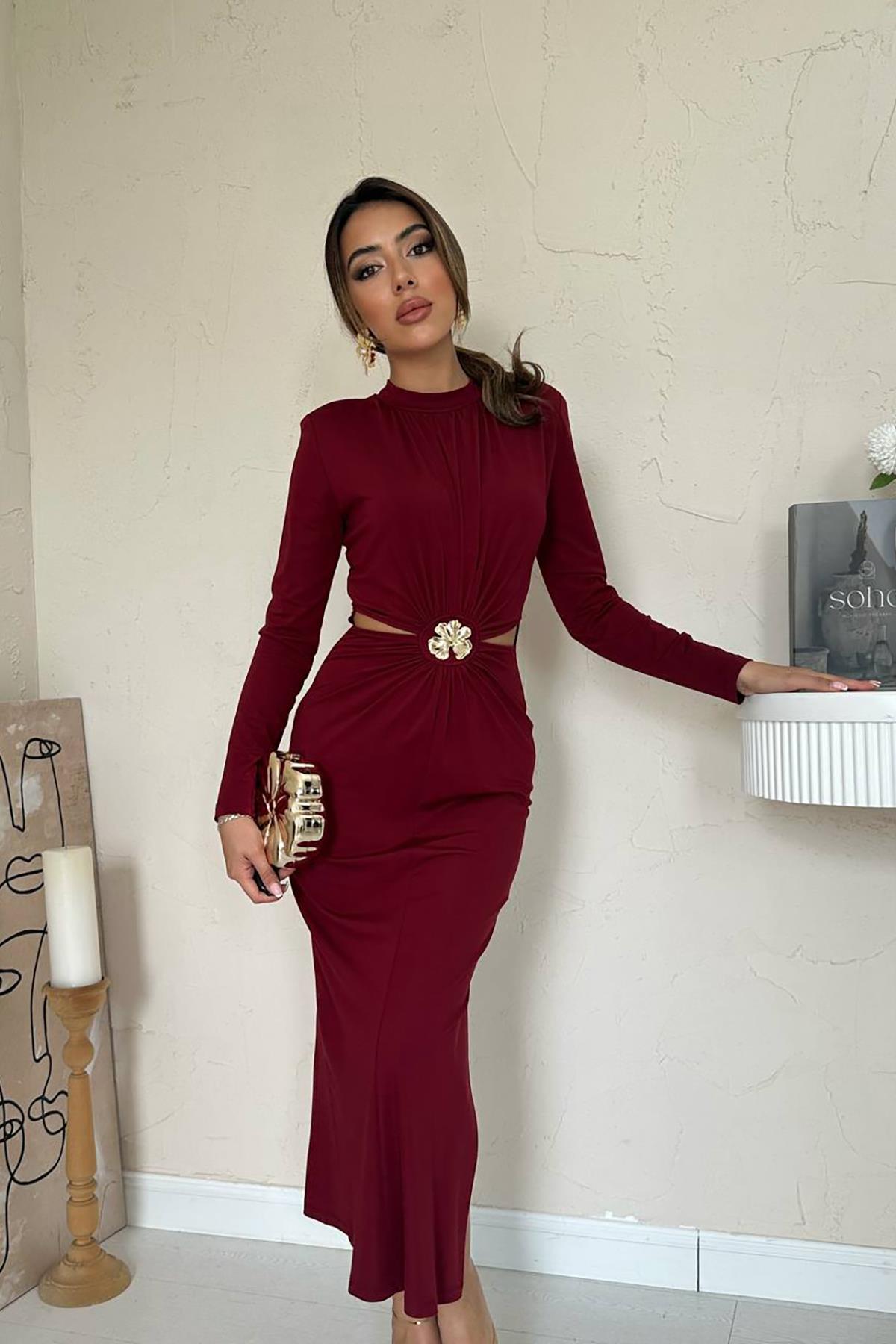 Toptan Bordo Pencere Detaylı Büzgülü Elbise