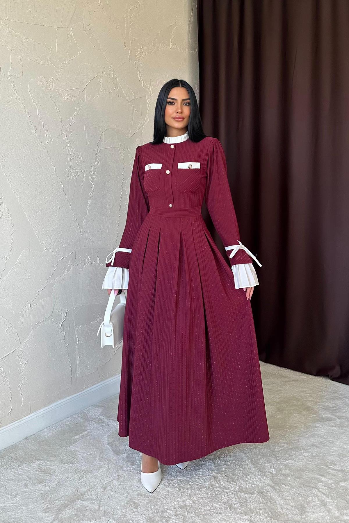 Toptan Bordo Pilise Detaylı Elbise Bordo L