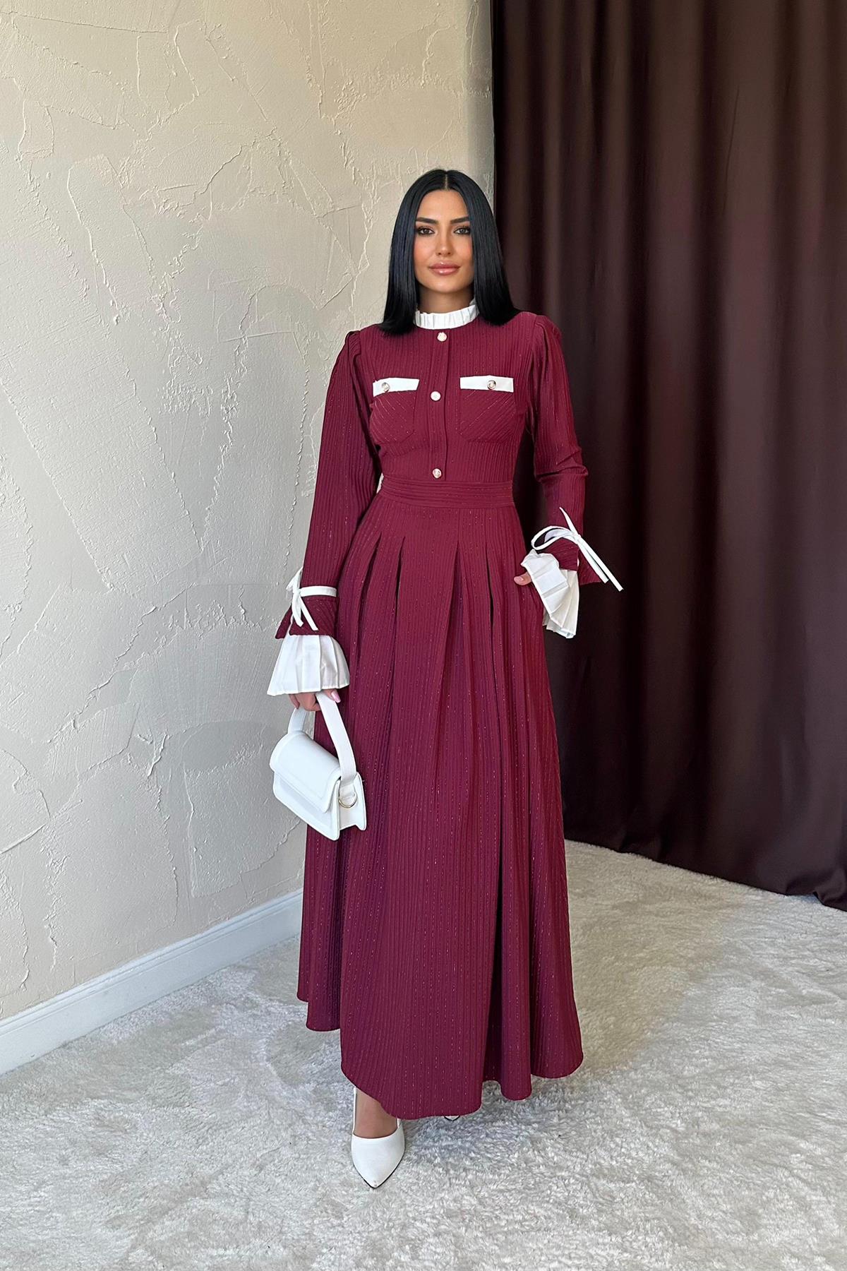 Toptan Bordo Pilise Detaylı Elbise