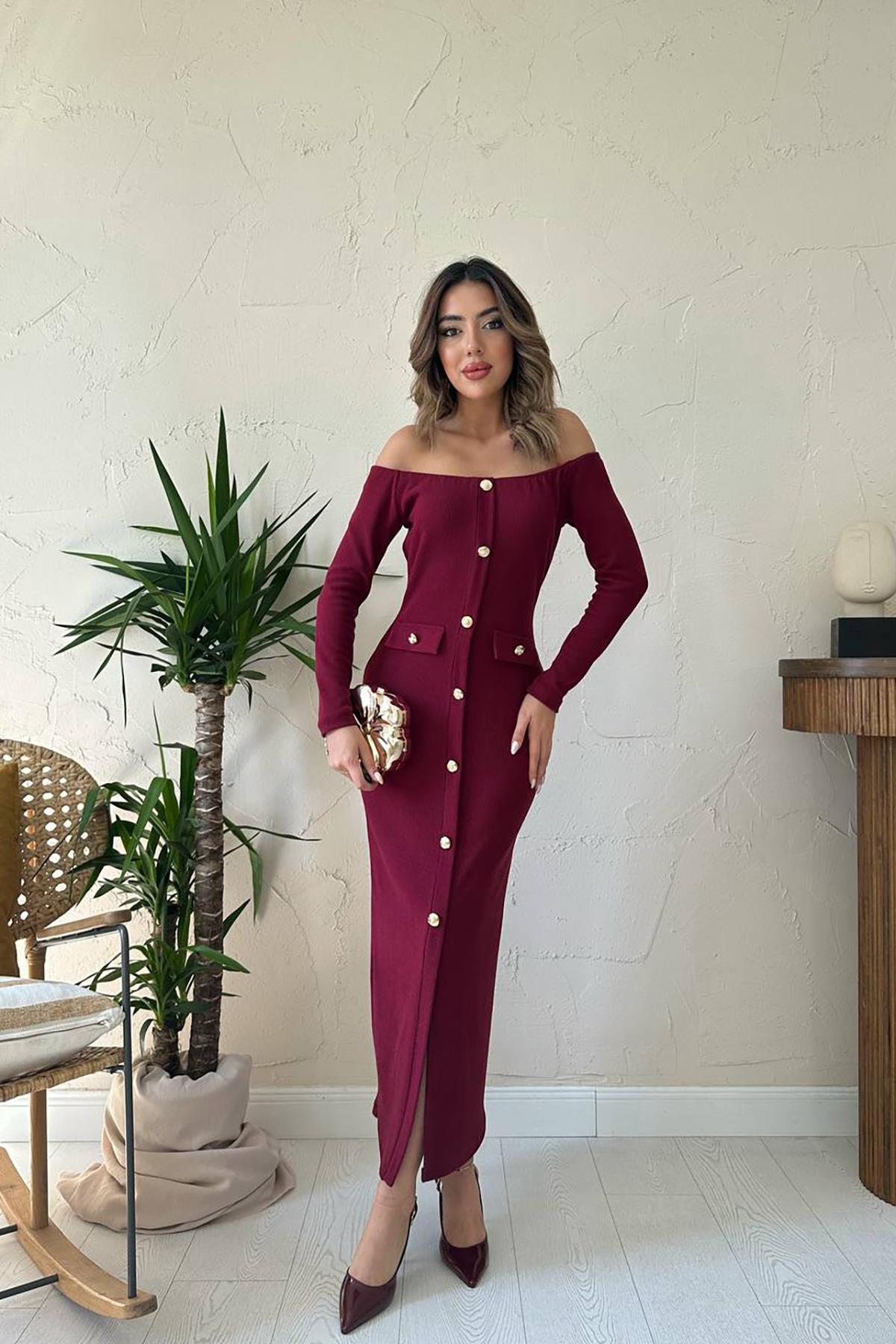 Toptan Bordo Trikolu Gold Düğmeli Elbise
