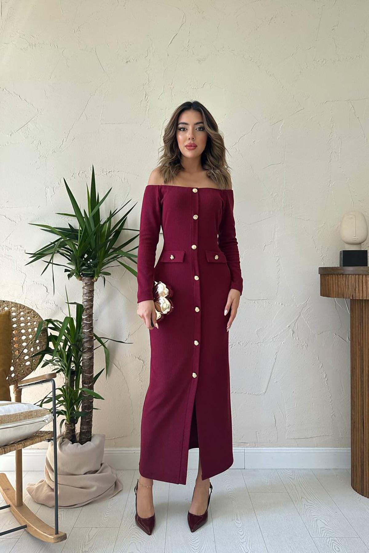 Toptan Bordo Trikolu Gold Düğmeli Elbise Bordo L