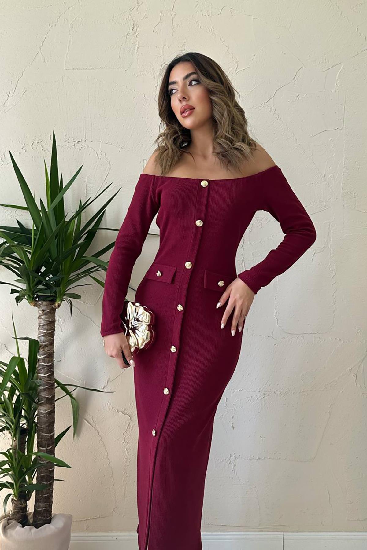 Toptan Bordo Trikolu Gold Düğmeli Elbise