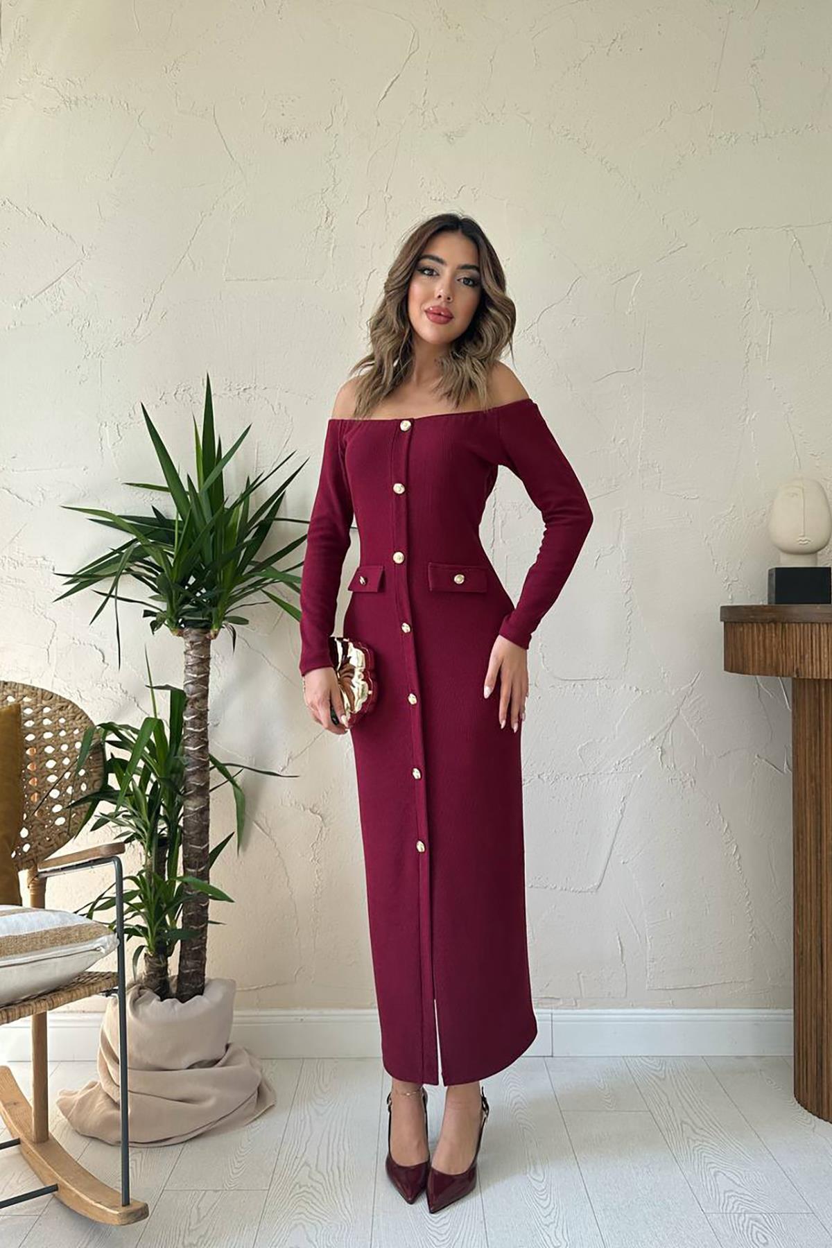 Toptan Bordo Trikolu Gold Düğmeli Elbise