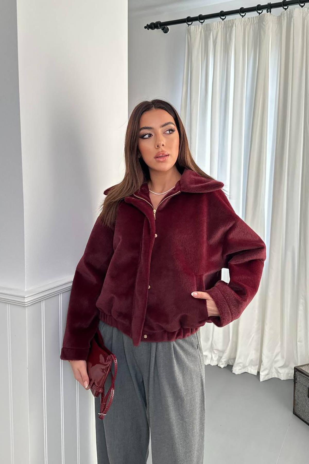 Toptan Bordo Tüylü Bomber Ceket Bordo L
