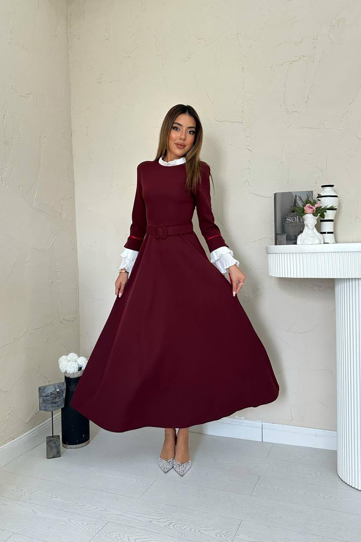 Toptan Bordo Yaka Ve Kollerı Pileli Elbise Bordo L