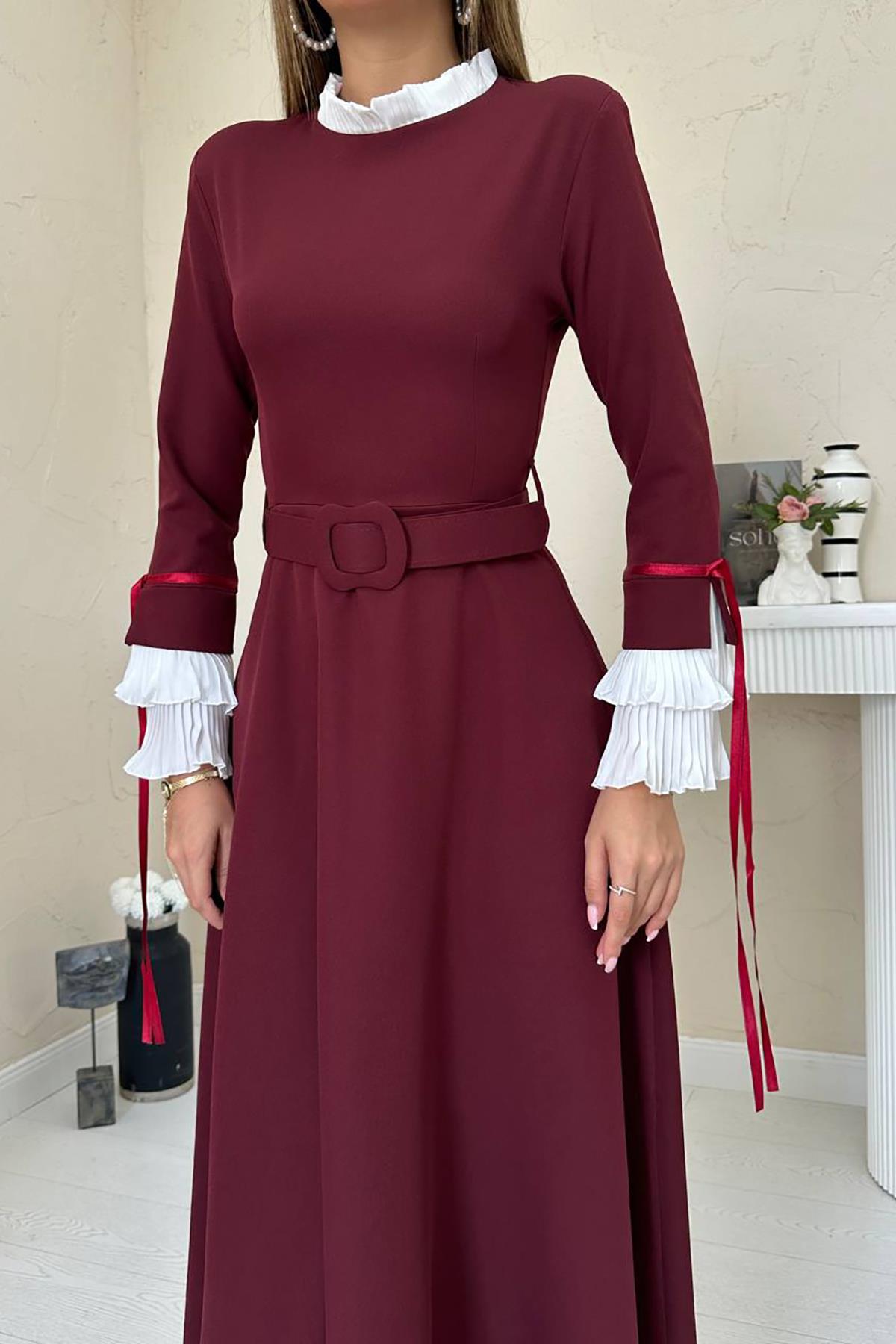 Toptan Bordo Yaka Ve Kollerı Pileli Elbise