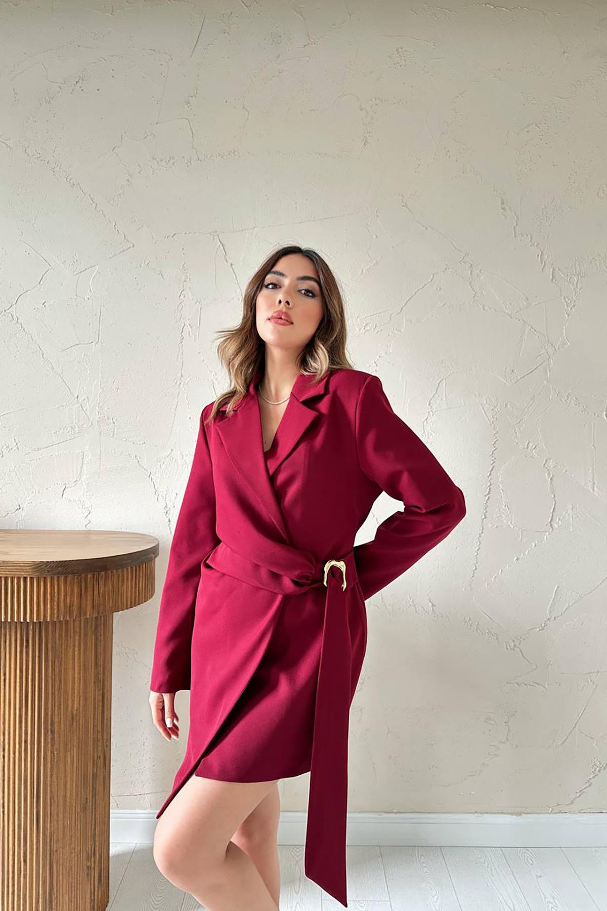 Toptan Bordo Yandan Tokalı Ceket Elbise