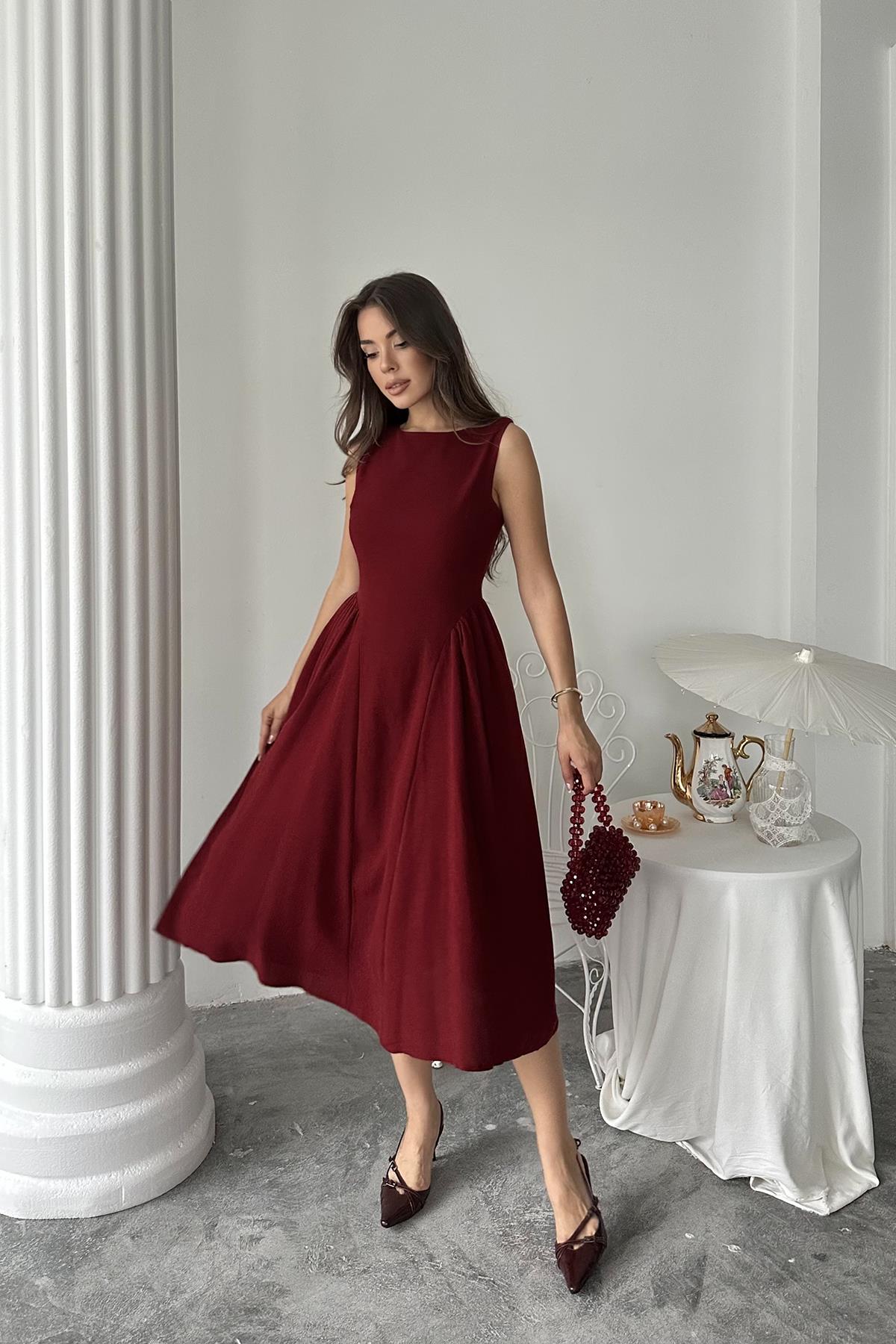 Toptan Bordo Yanları Büzgülü Midi Boy Keten Elbise Bordo L