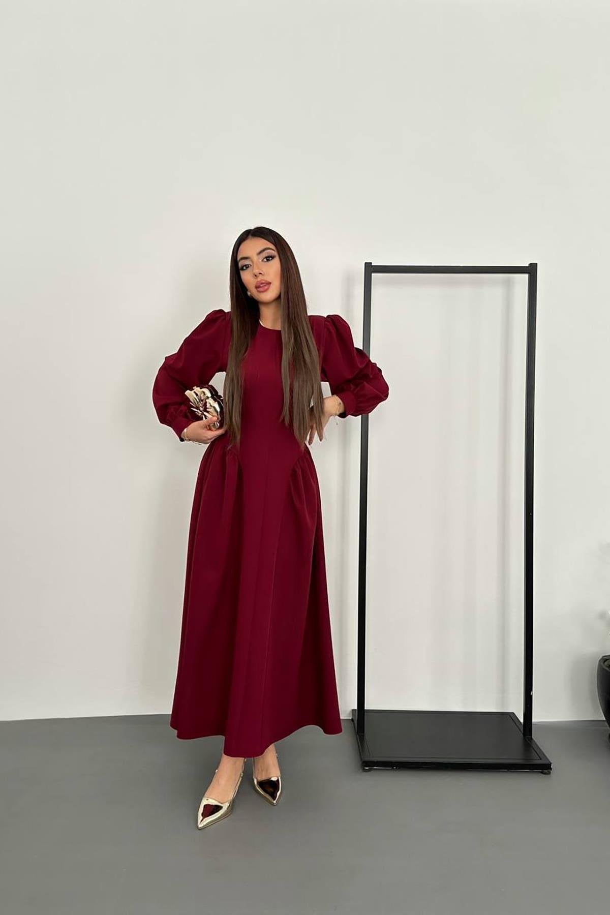 Toptan Bordo Yanları Büzgülü Uzun Kollu Elbise