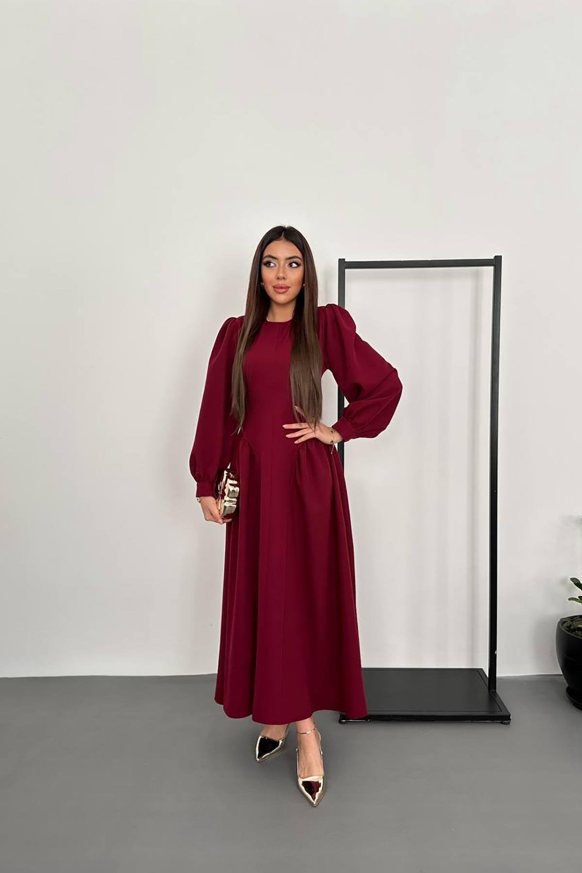 Toptan Bordo Yanları Büzgülü Uzun Kollu Elbise Bordo L