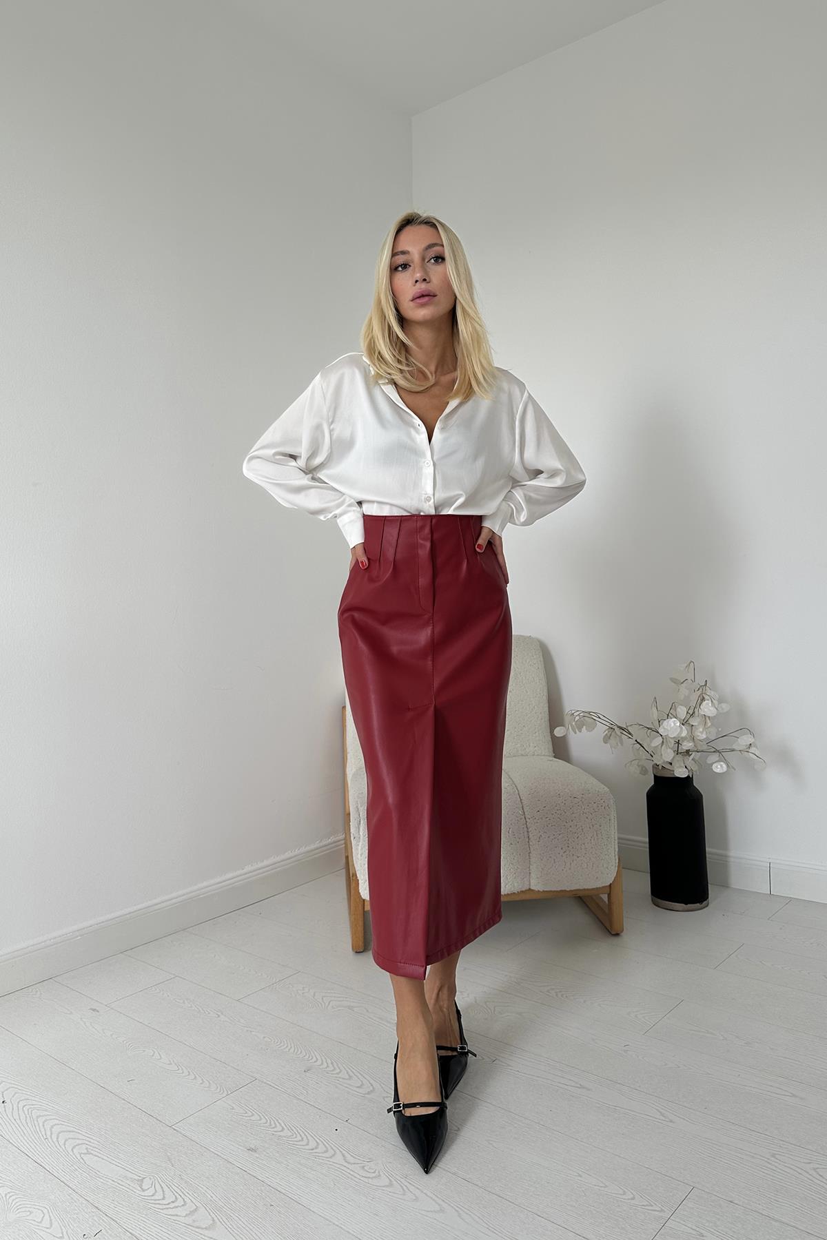 Toptan Bordo Yırtmaçlı Süs Patlı Etek Bordo L