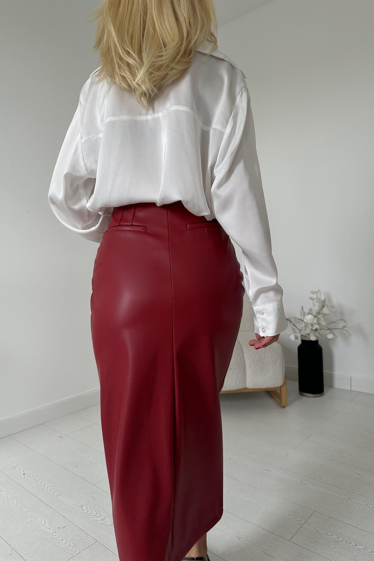 Toptan Bordo Yırtmaçlı Süs Patlı Etek