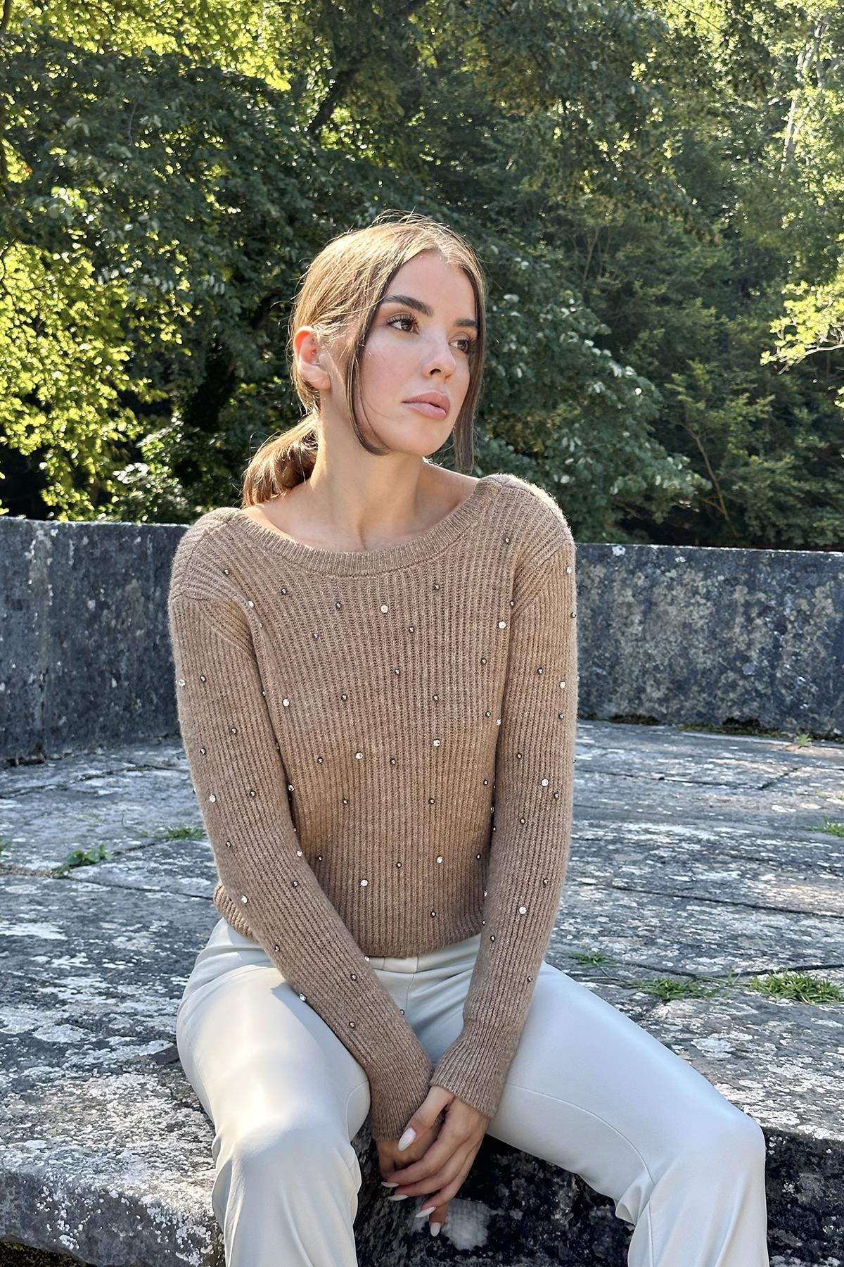 Toptan Camel Boncuklu Triko Kazak Camel STD