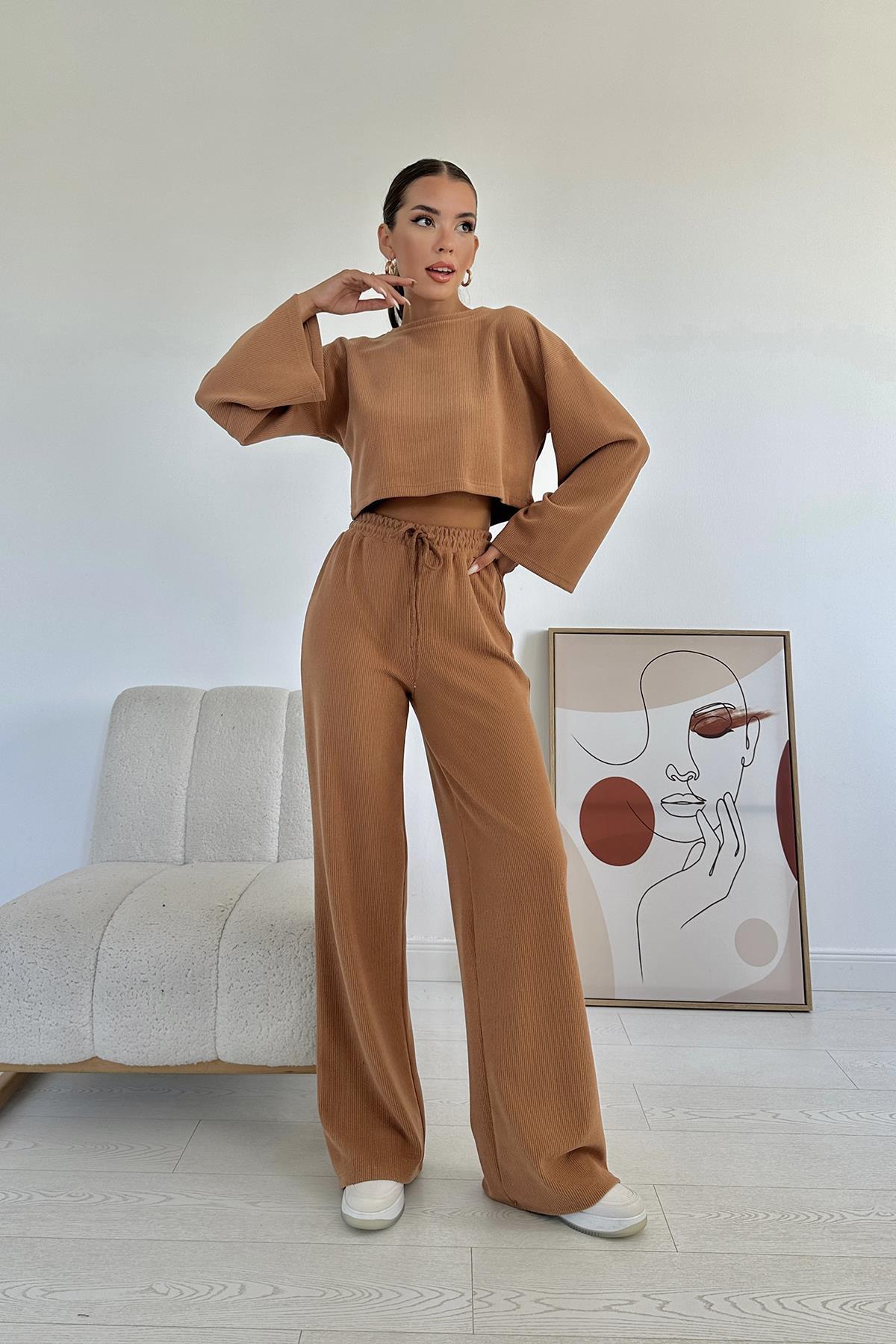 Toptan Camel Fitilli Bluz Ve Pantolon Takım Camel L