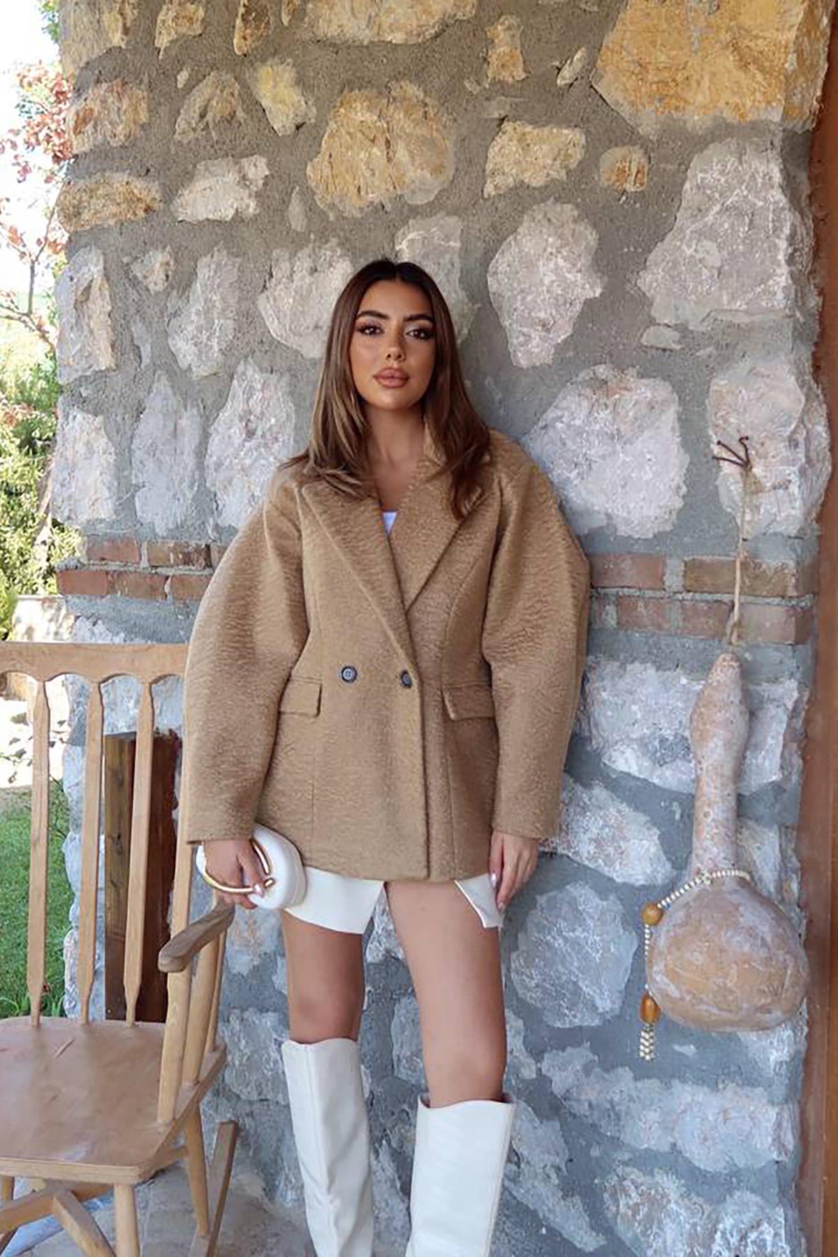Toptan Camel İki Düğmeli Manto Camel L
