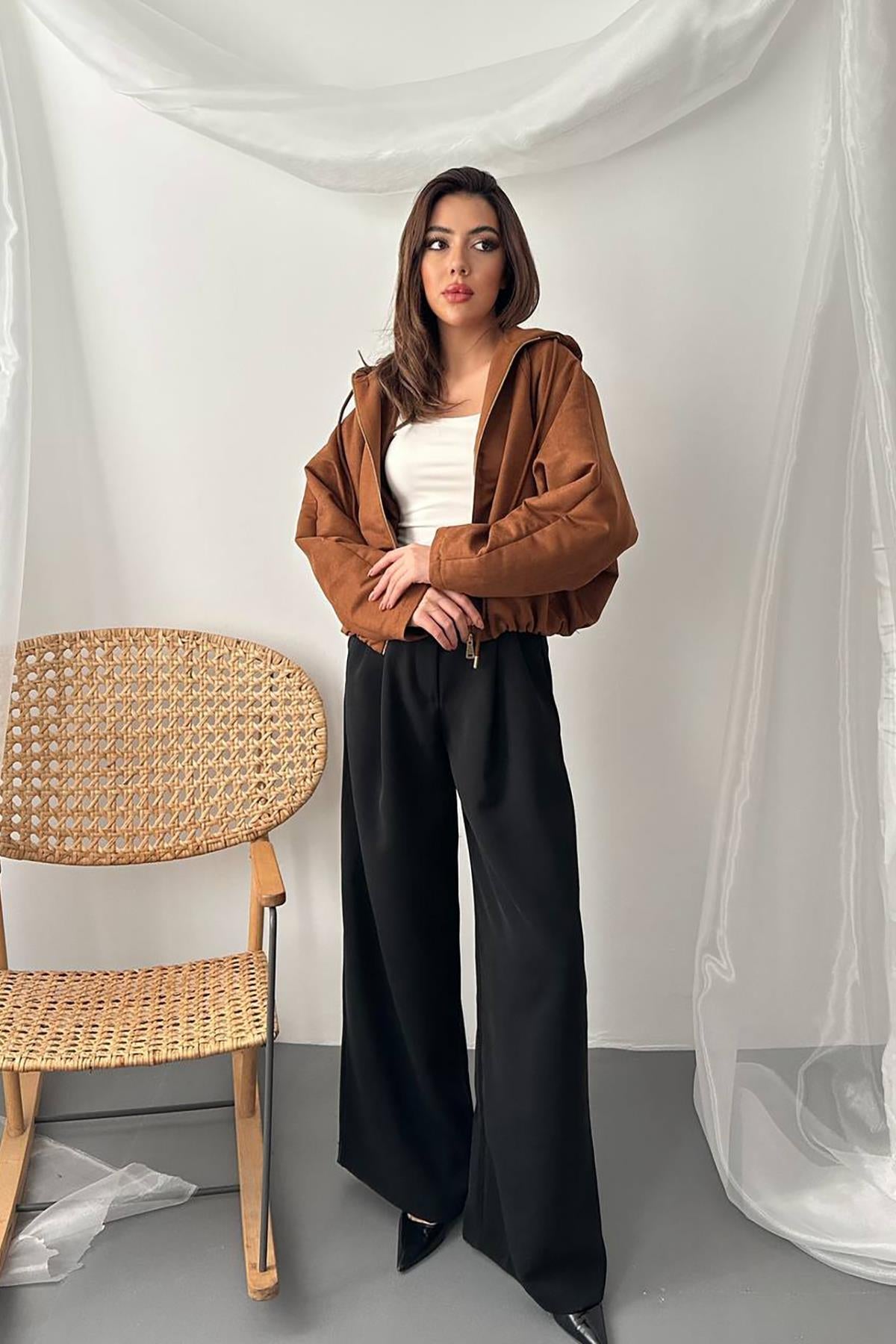 Toptan Camel Kısa Kapüşonlu Ceket