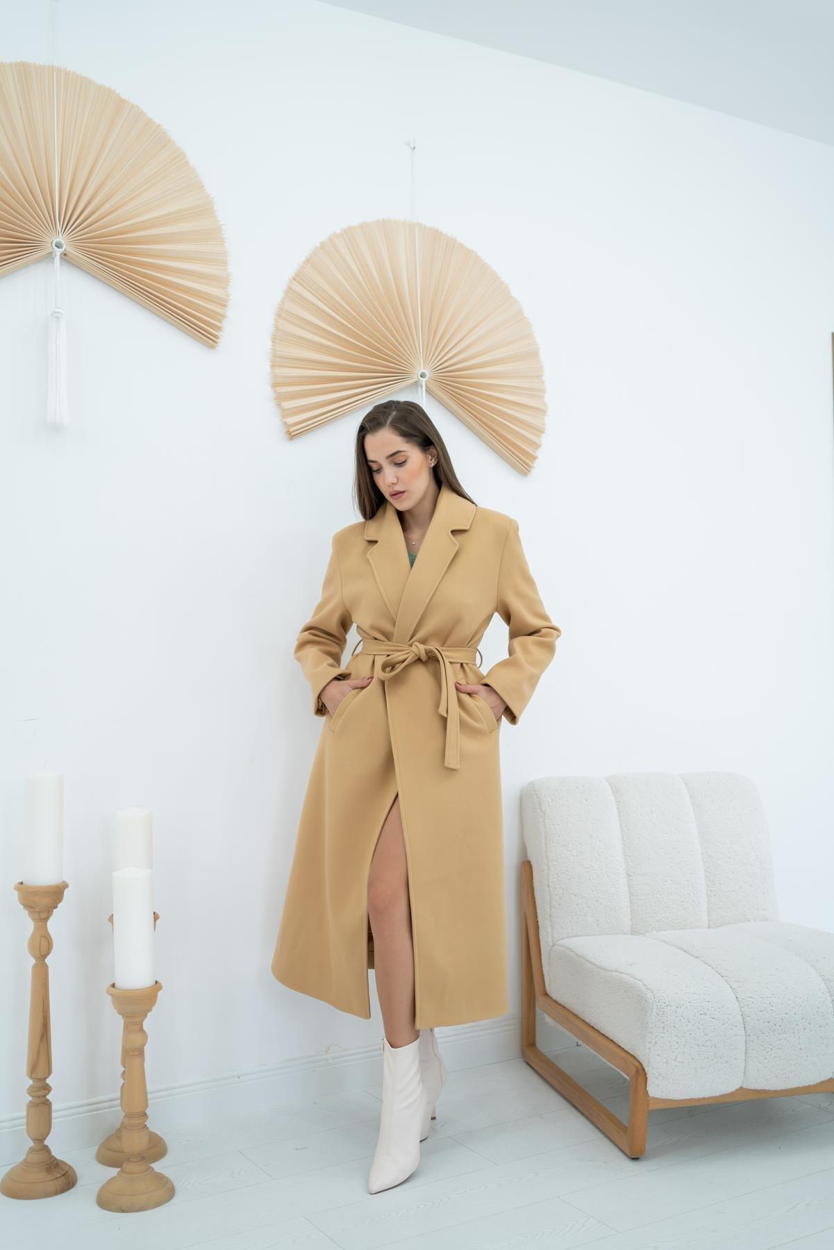 Toptan Camel Kuşaklı Midi Kaban Camel L