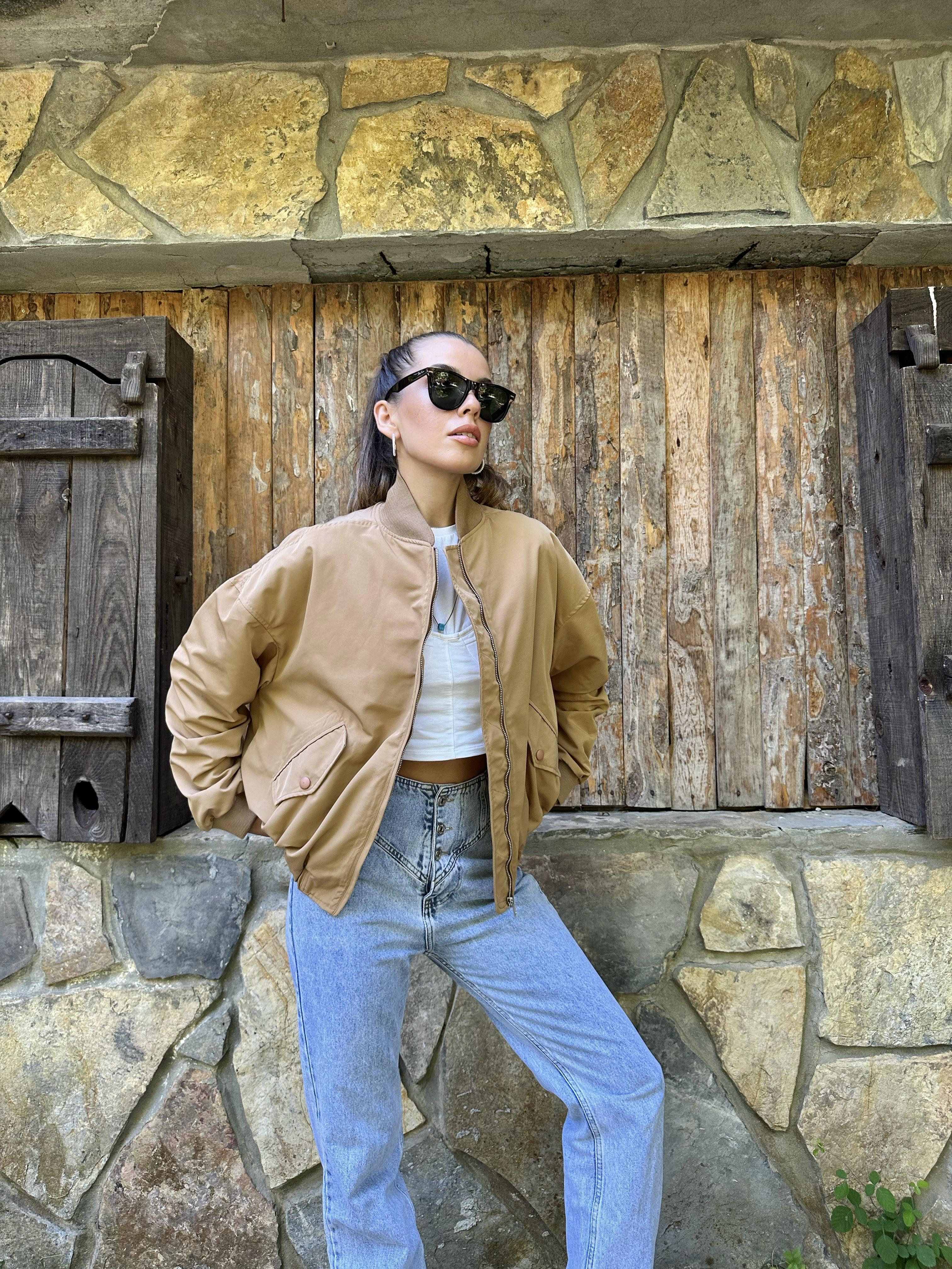 Toptan Camel Parçalı Bomber Ceket
