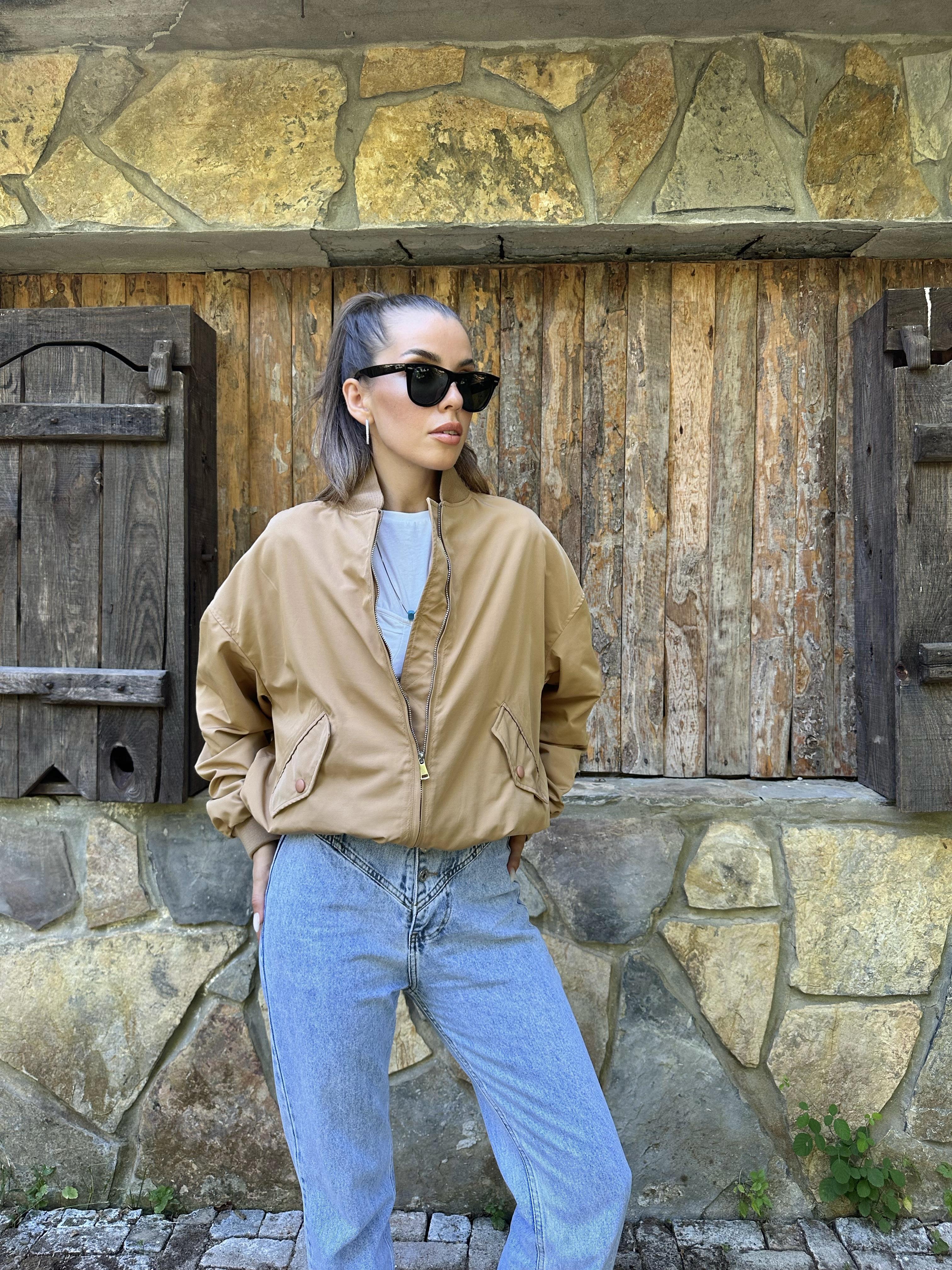 Toptan Camel Parçalı Bomber Ceket