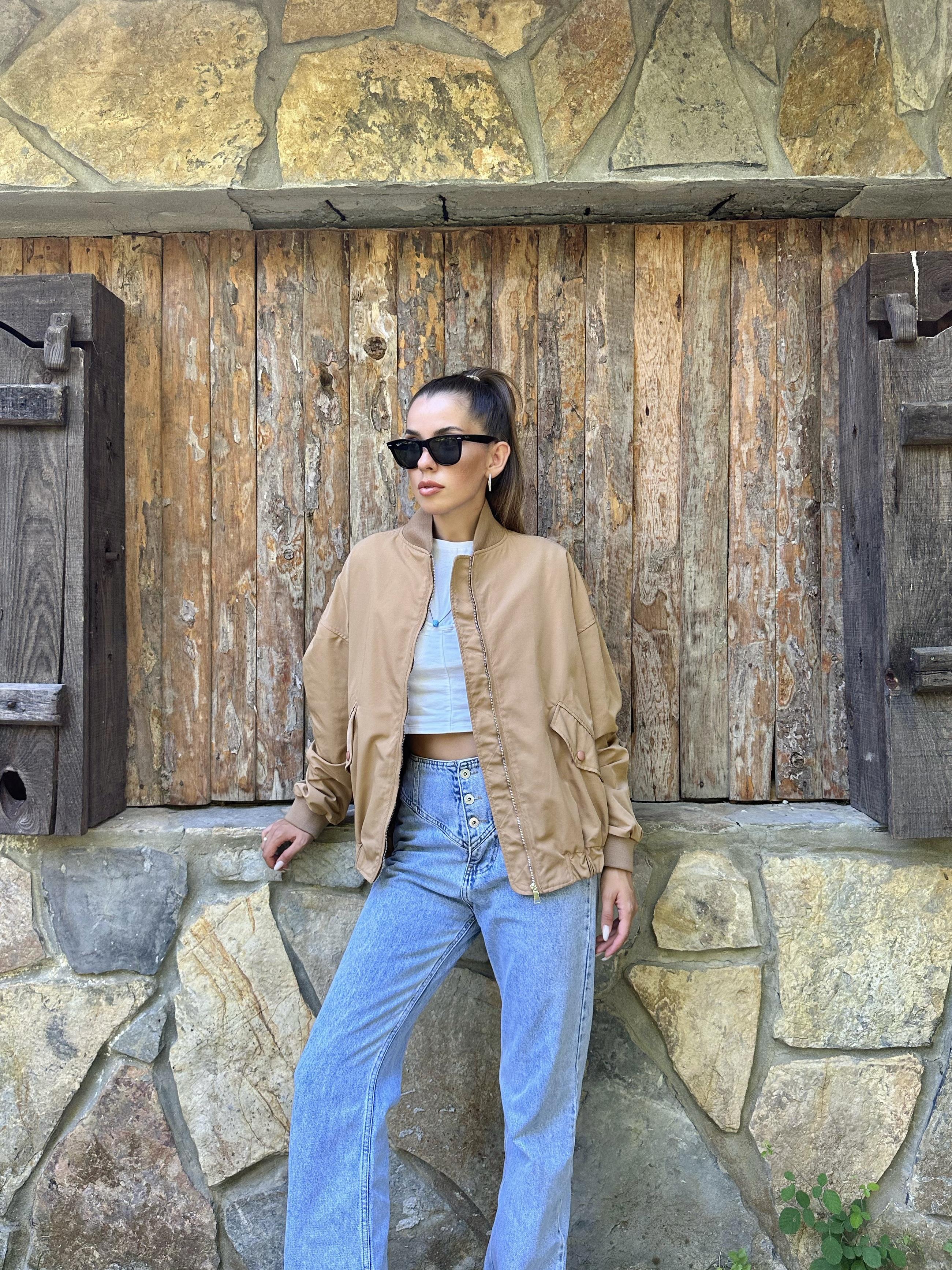 Toptan Camel Parçalı Bomber Ceket Camel L
