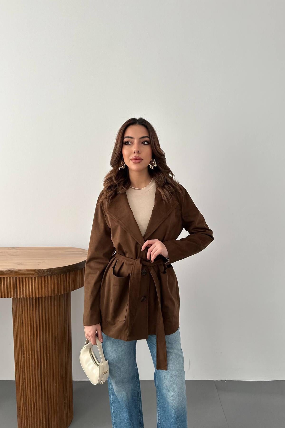 Camel Süet Bağlamalı Ceket