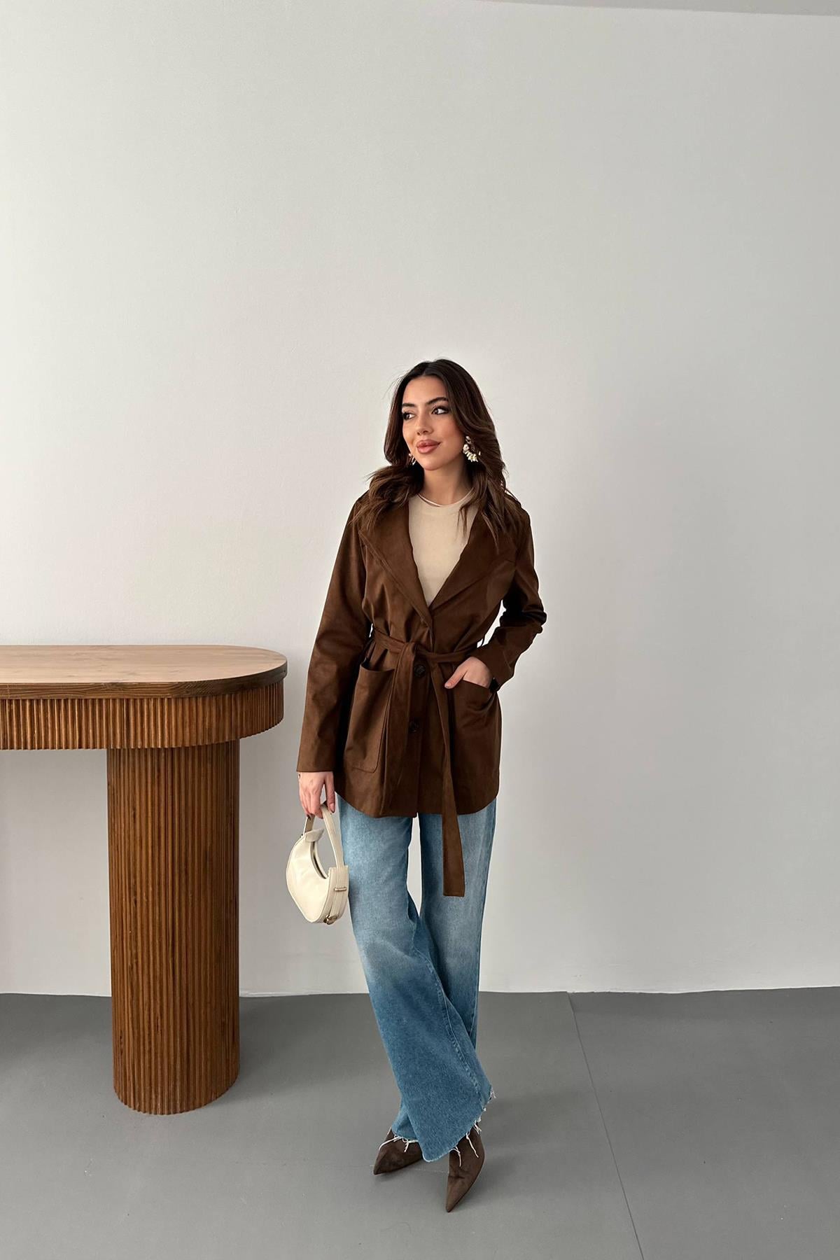 Camel Süet Bağlamalı Ceket