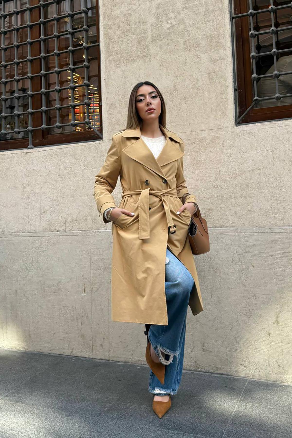 Toptan Camel Uzun Kemerli Trençkot Camel L