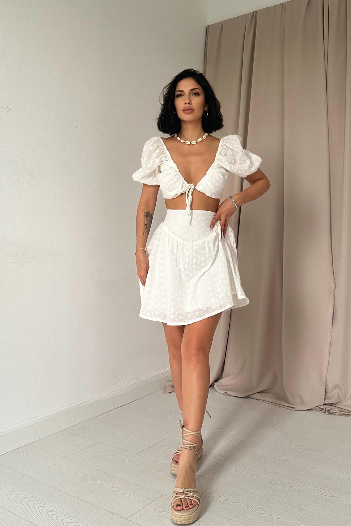 Toptan Ekru Brode Crop Ve Mini Etek Takım Ekru L
