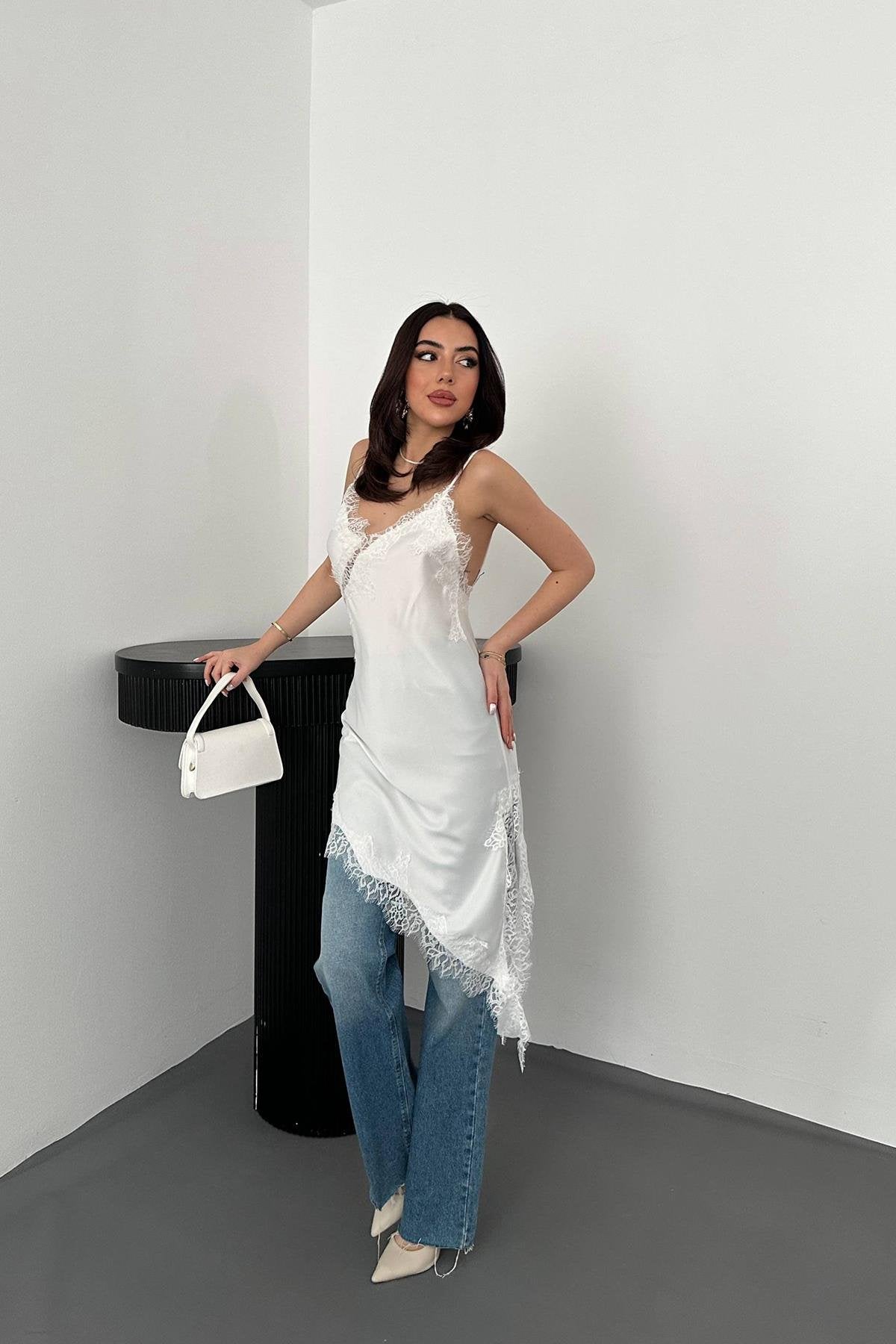 Toptan Ekru Dantelli Elbise Ekru L