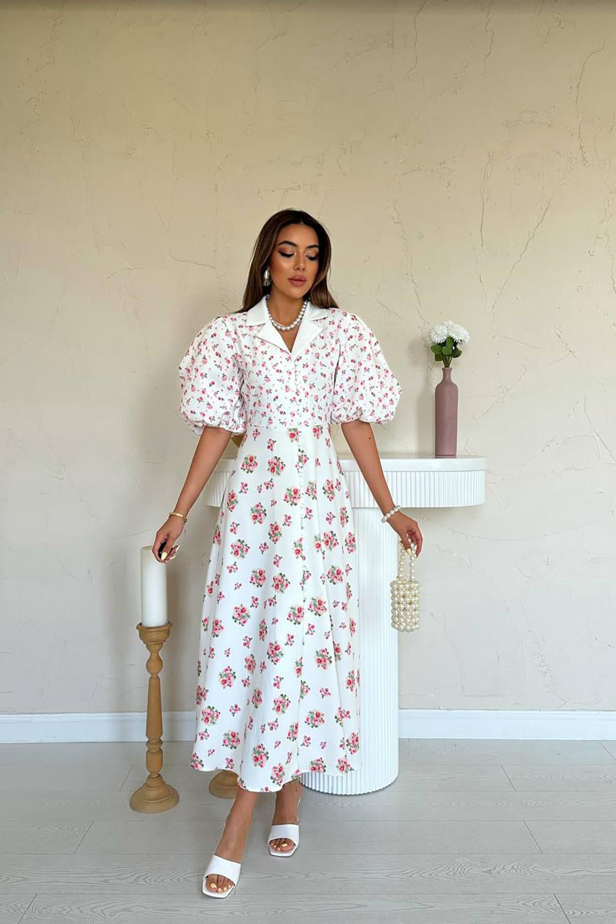 Toptan Ekru Dijital Baskılı Elbise Ekru L