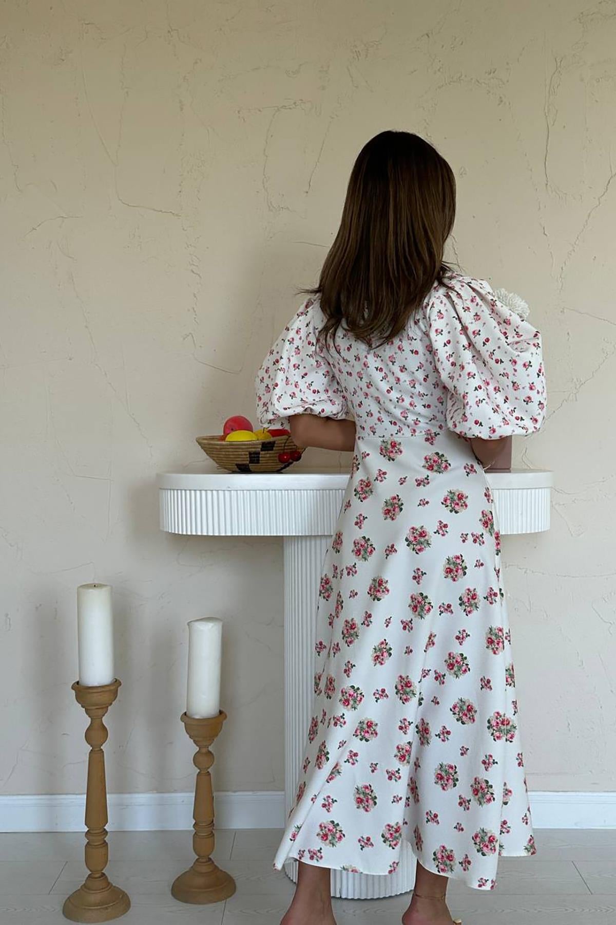 Toptan Ekru Dijital Baskılı Elbise