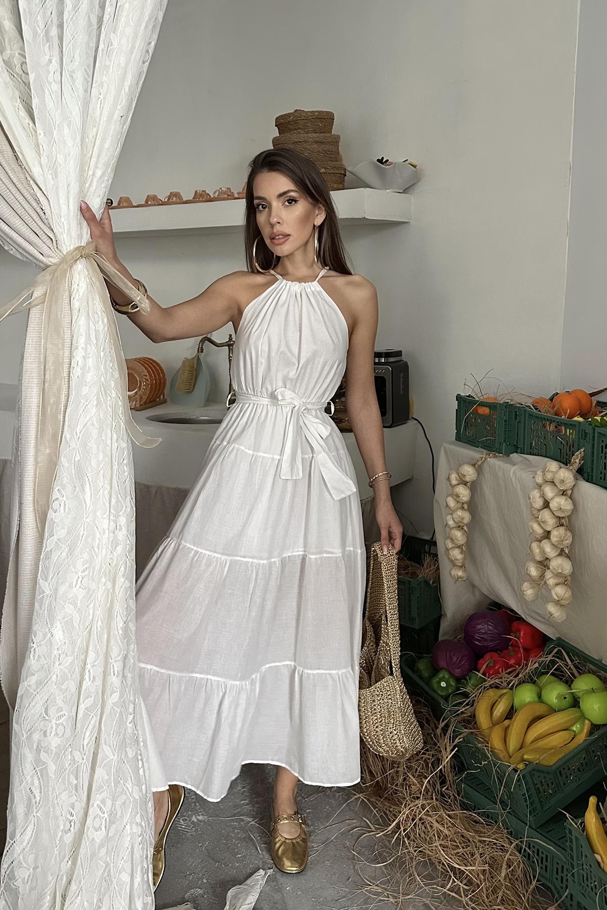 Toptan Ekru Halter Yakalı Kuşaklı Elbise Ekru L