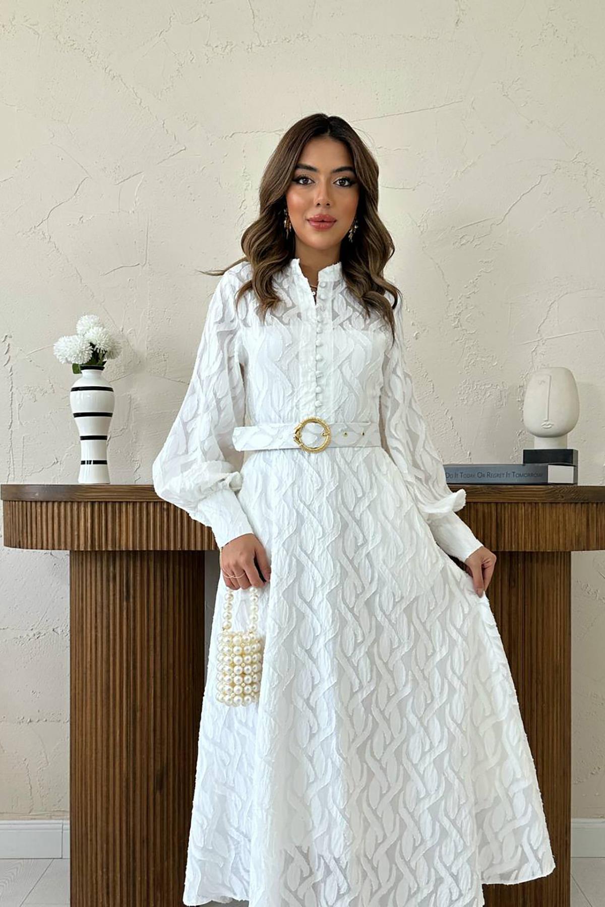 Toptan Ekru Kemer Detaylı Uzun Elbise