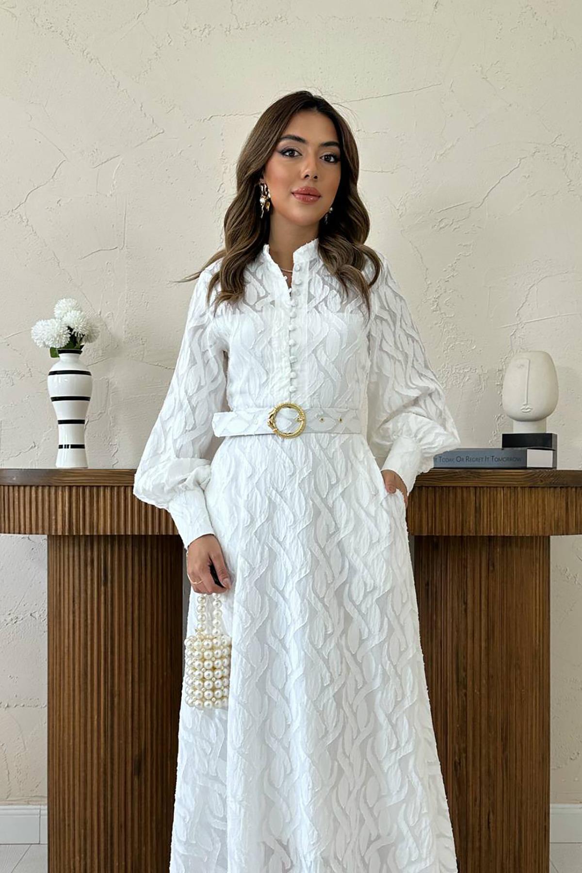 Toptan Ekru Kemer Detaylı Uzun Elbise