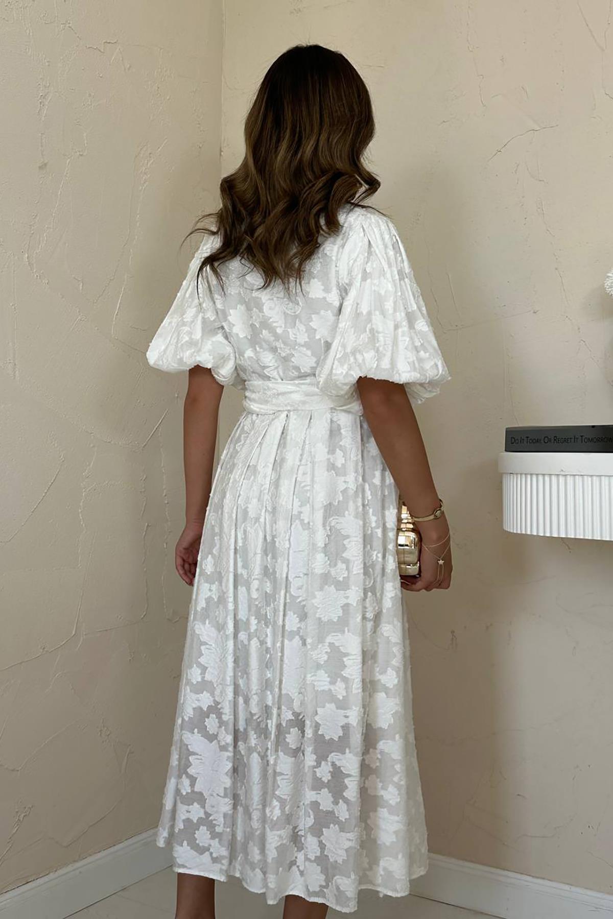 Toptan Ekru Kemerli Balon Kollu Elbise